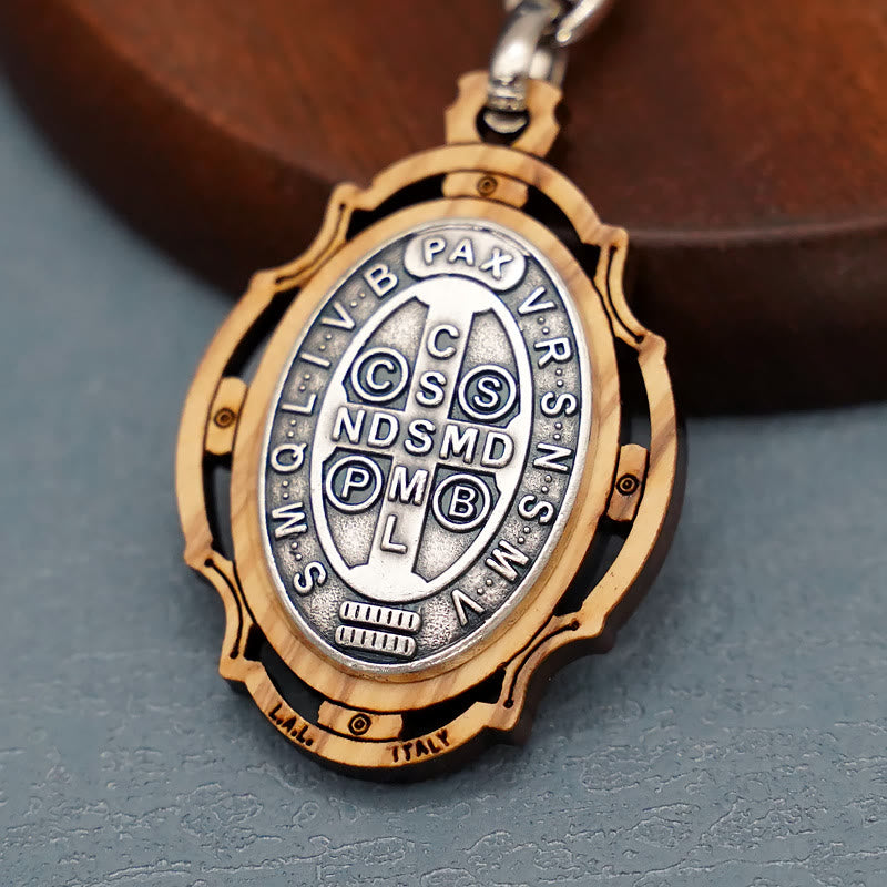 christiandiscipleshop Wooden Crafted St. Benedict Medal Keychain: Contemporary Badge of Spiritual Defense