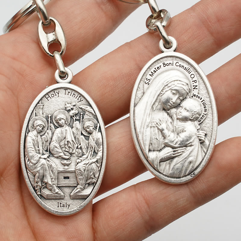 Christiandiscipleshop Elegant Oxidized Alloy Holy Trinity & Mother of Good Counsel Keychain: A Symbol of Divine Love