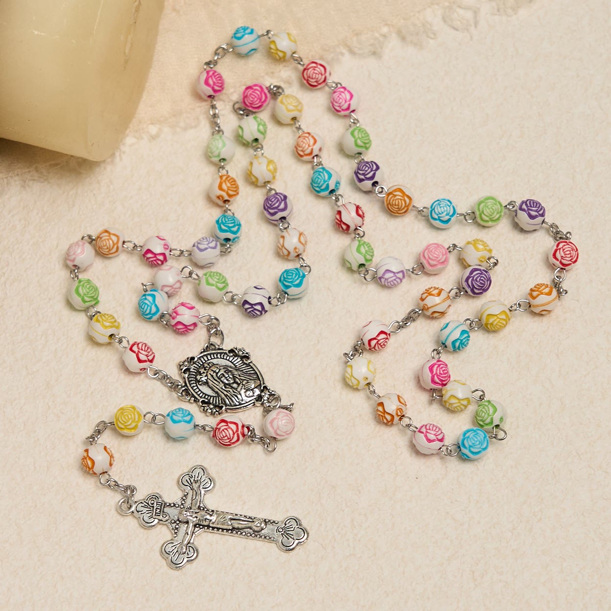 Christiandiscipleshop Multicolor Rose Beads with Virgin Mary Medal & Crucifix Rosary: Sacred Palette of Love