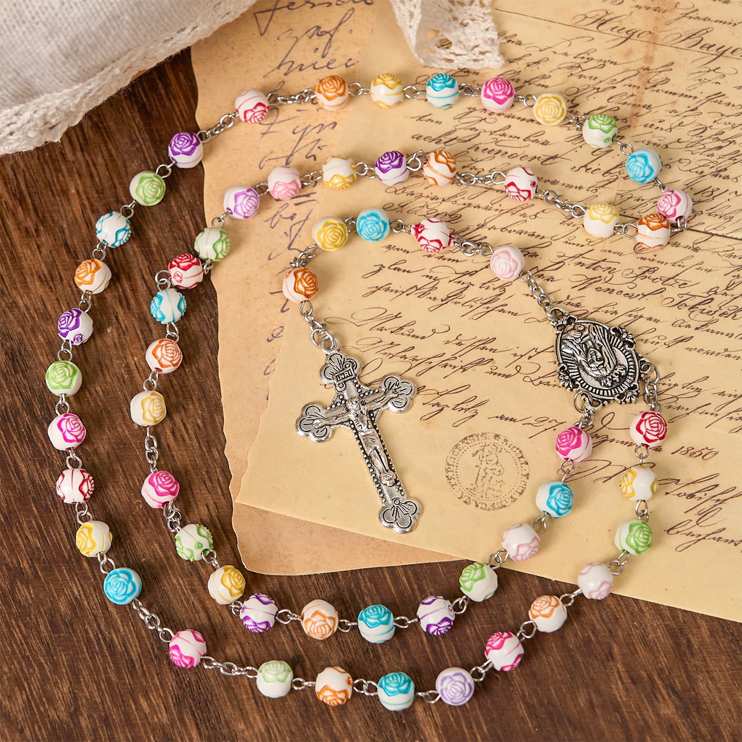 Christiandiscipleshop Multicolor Rose Beads with Virgin Mary Medal & Crucifix Rosary: Sacred Palette of Love