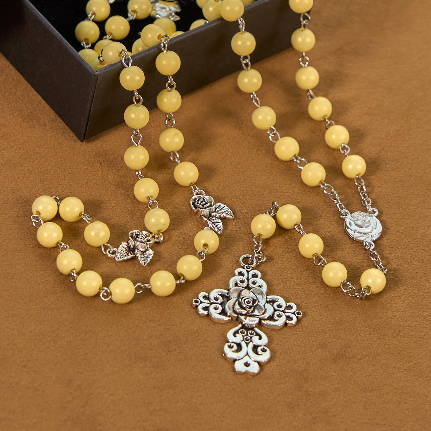 christiandiscipleshop Vintage Style Blossom Yellow Tone Beads & Rose Cross Rosary: Timeless Faith Keepsake