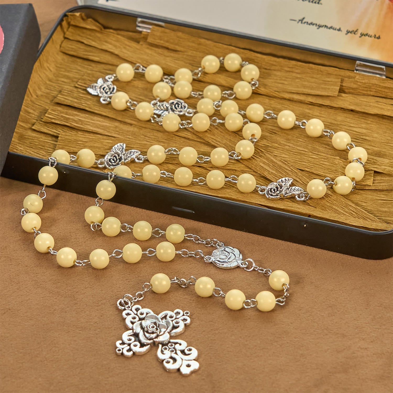 christiandiscipleshop Vintage Style Blossom Yellow Tone Beads & Rose Cross Rosary: Timeless Faith Keepsake