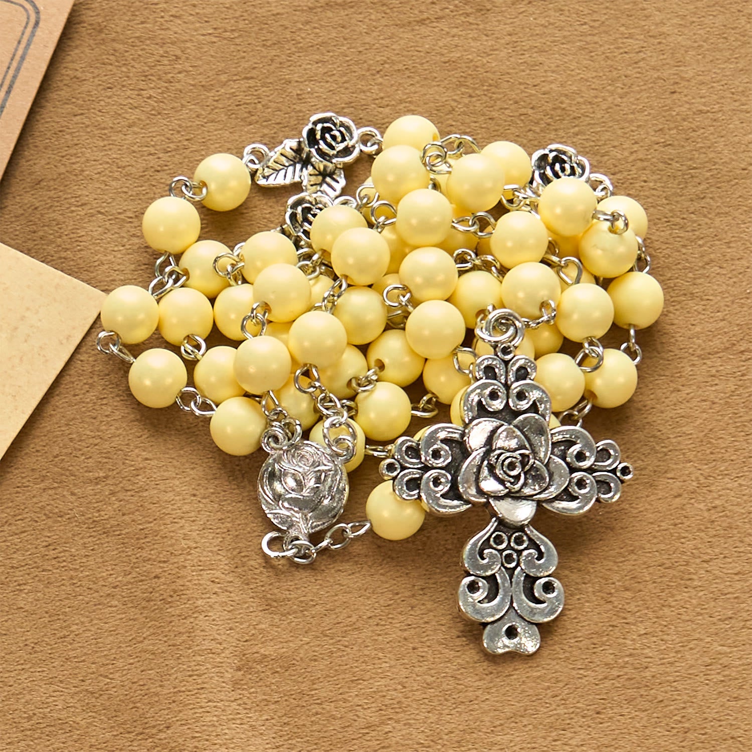 FREE Today: Vintage Style Blossom Yellow Tone Beads & Rose Cross Rosary: Timeless Faith Keepsake
