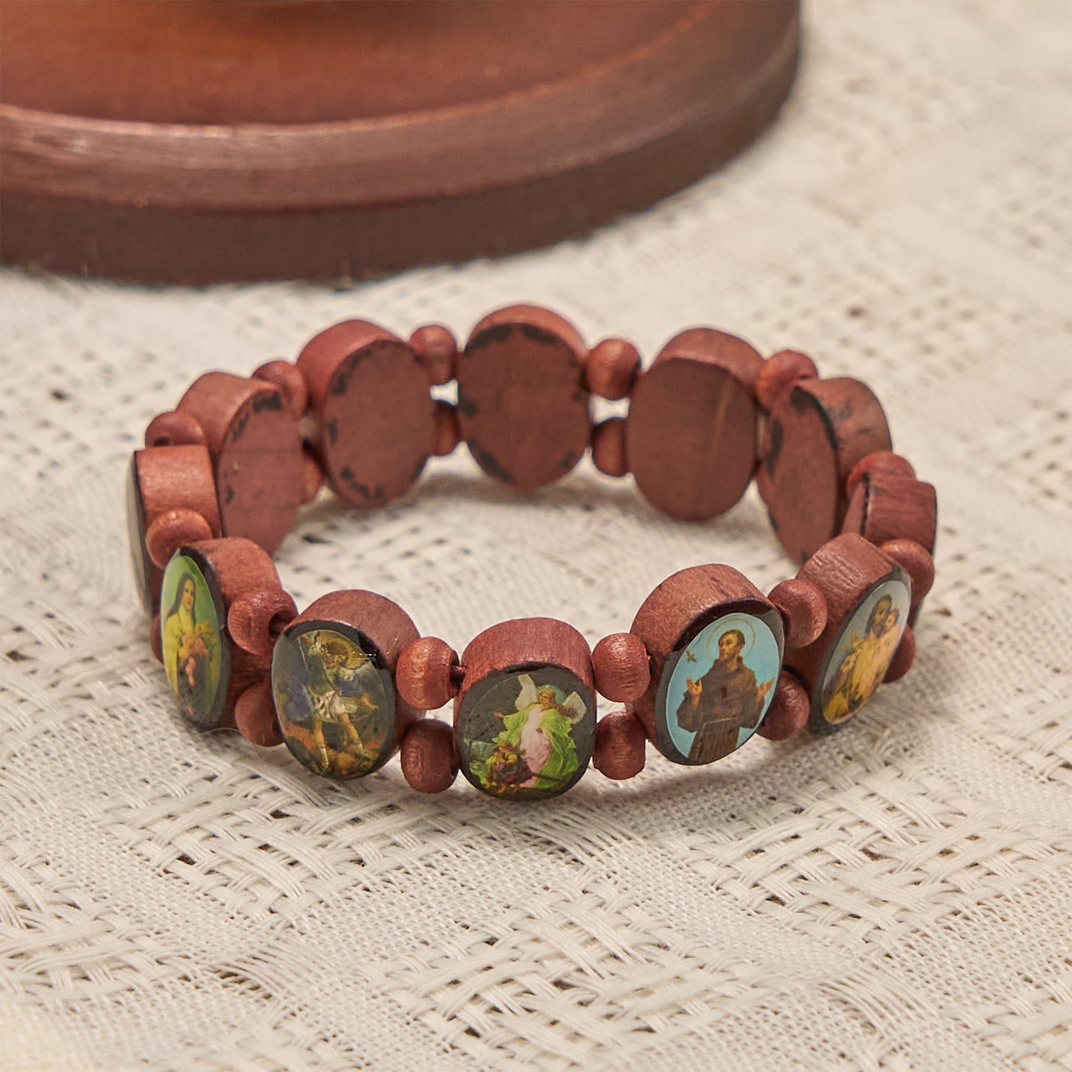 Christiandiscipleshop Classic Wooden Bead Stretch Bracelet with Mary, Jesus & Saints Icons