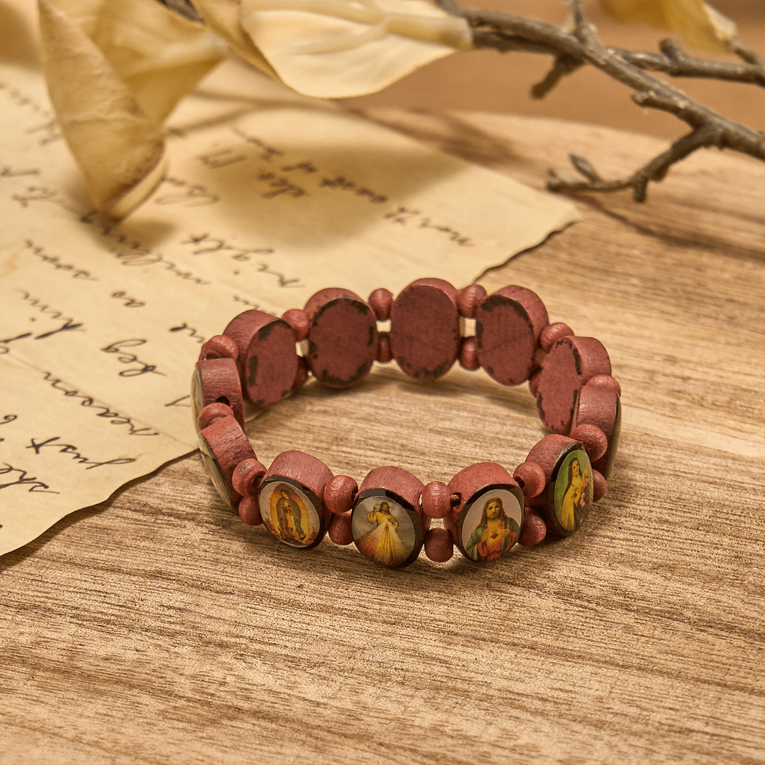 Christiandiscipleshop Classic Wooden Bead Stretch Bracelet with Mary, Jesus & Saints Icons