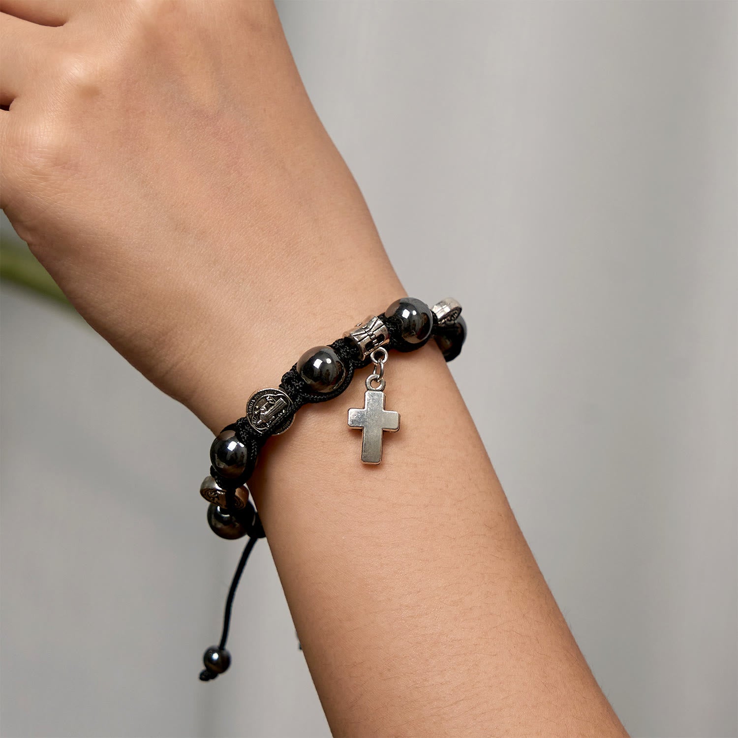 christiandiscipleshop Hematite Bead Bracelet with Cross & St. Benedict: Solemn Reminder of Spiritual Roots