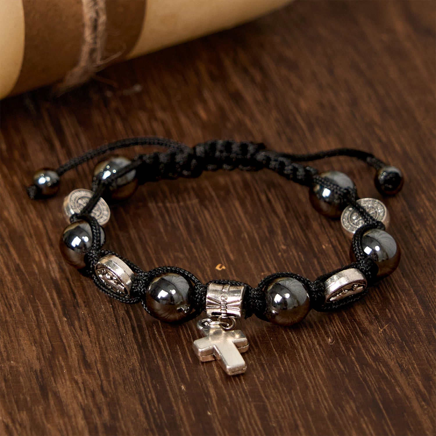 christiandiscipleshop Hematite Bead Bracelet with Cross & St. Benedict: Solemn Reminder of Spiritual Roots