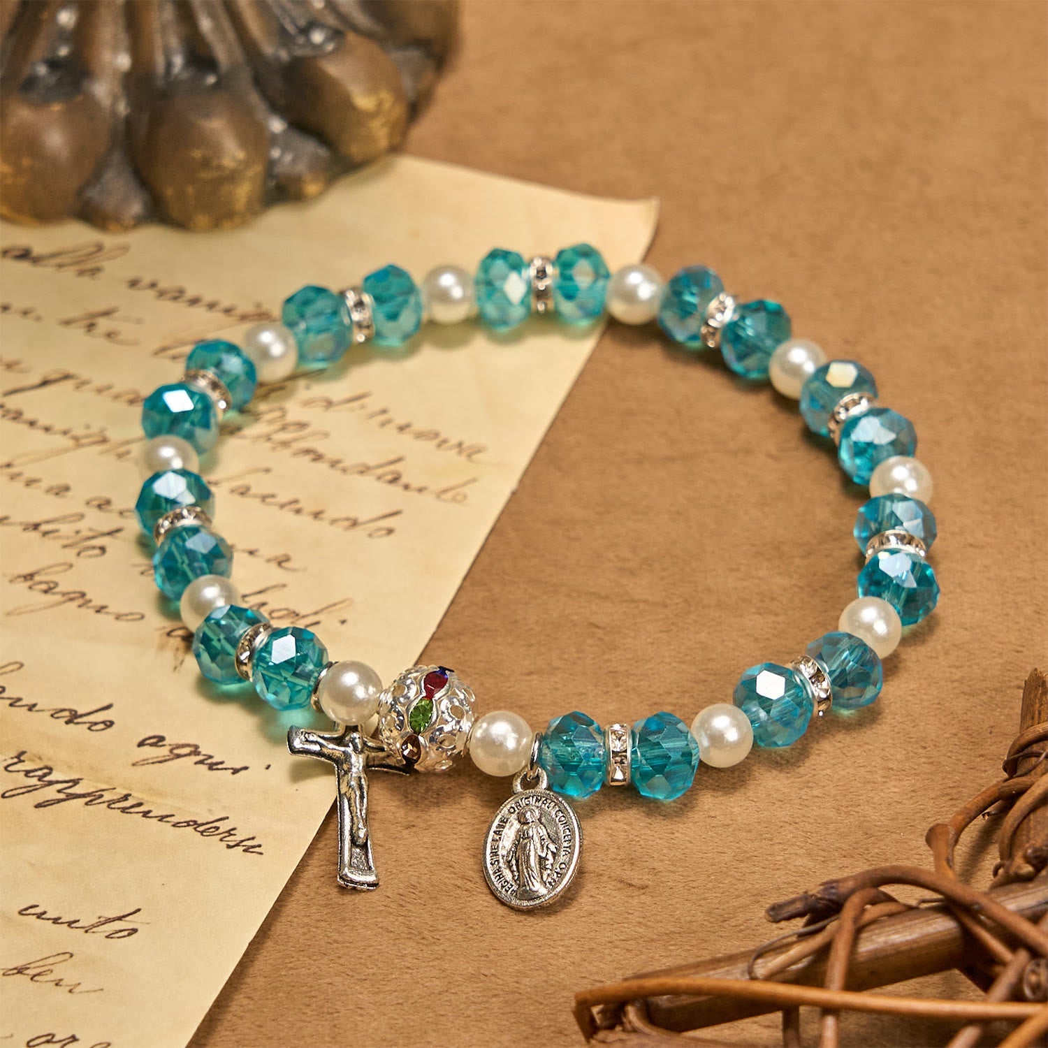 FREE Today: Modern Clear Crystal Stretch Braceletwith Crucifix & Miraculous Medal: Contemporary Faith Statement