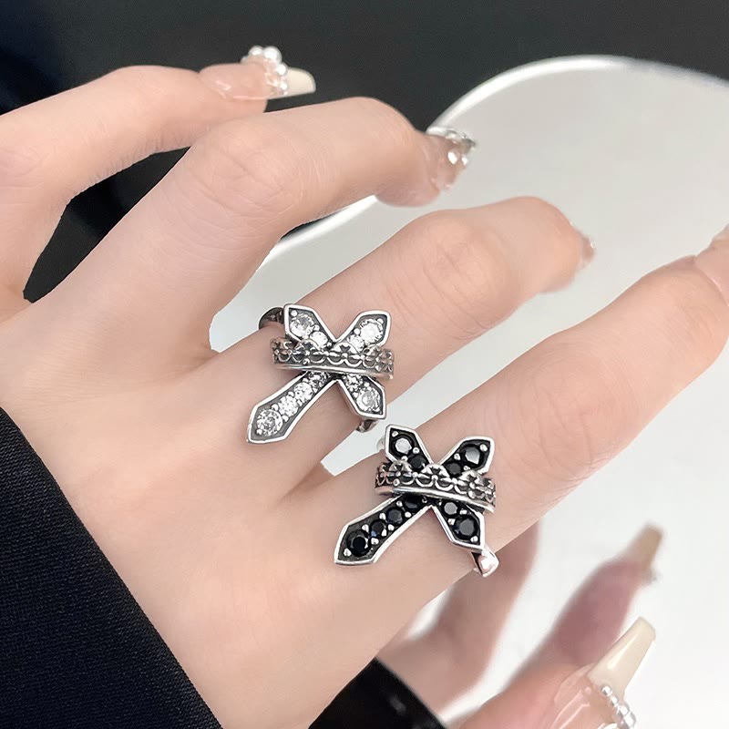 Christianartworkshop 2colors Modern Ring with Cross & Regal Crown: Bold Fusion of Faith and Royalty
