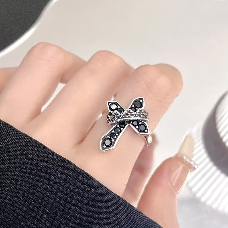 Christianartworkshop 2colors Modern Ring with Cross & Regal Crown: Bold Fusion of Faith and Royalty