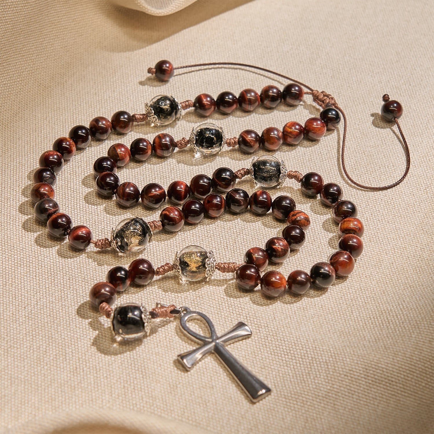 christiandiscipleshop Wooden Beads Rosary & Necklace 2-in-1 with Ankh Cross: Adjustable Design, Endless Devotion