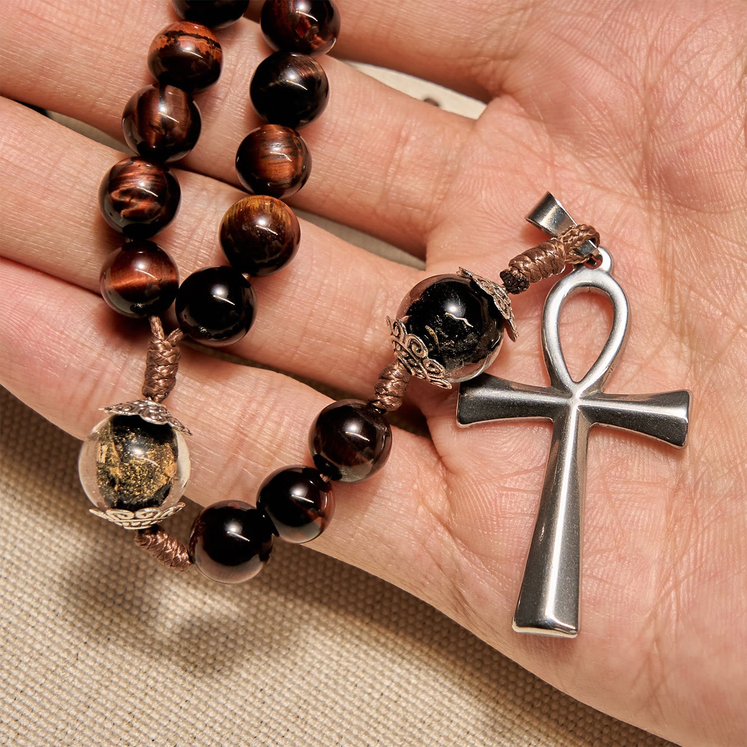 christiandiscipleshop Wooden Beads Rosary & Necklace 2-in-1 with Ankh Cross: Adjustable Design, Endless Devotion