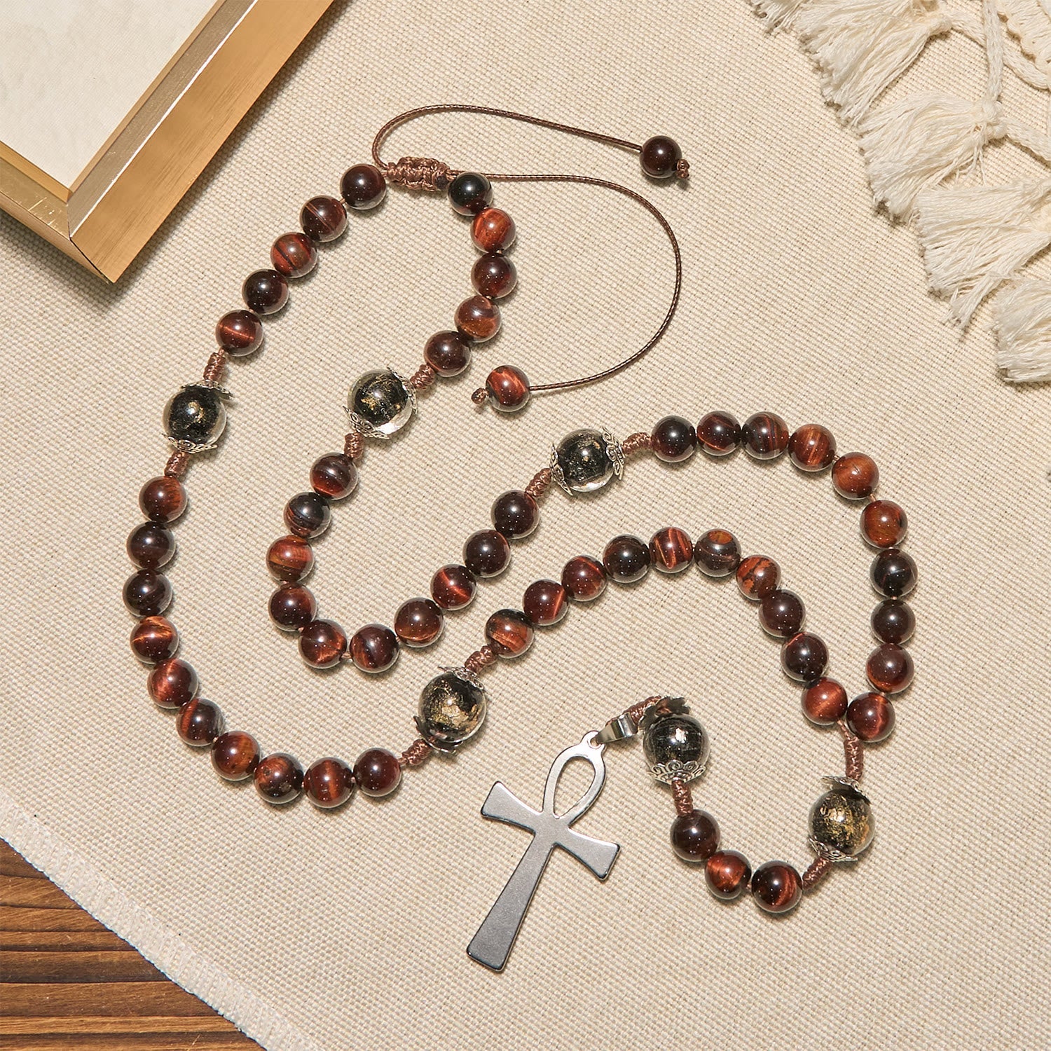 christiandiscipleshop Wooden Beads Rosary & Necklace 2-in-1 with Ankh Cross: Adjustable Design, Endless Devotion