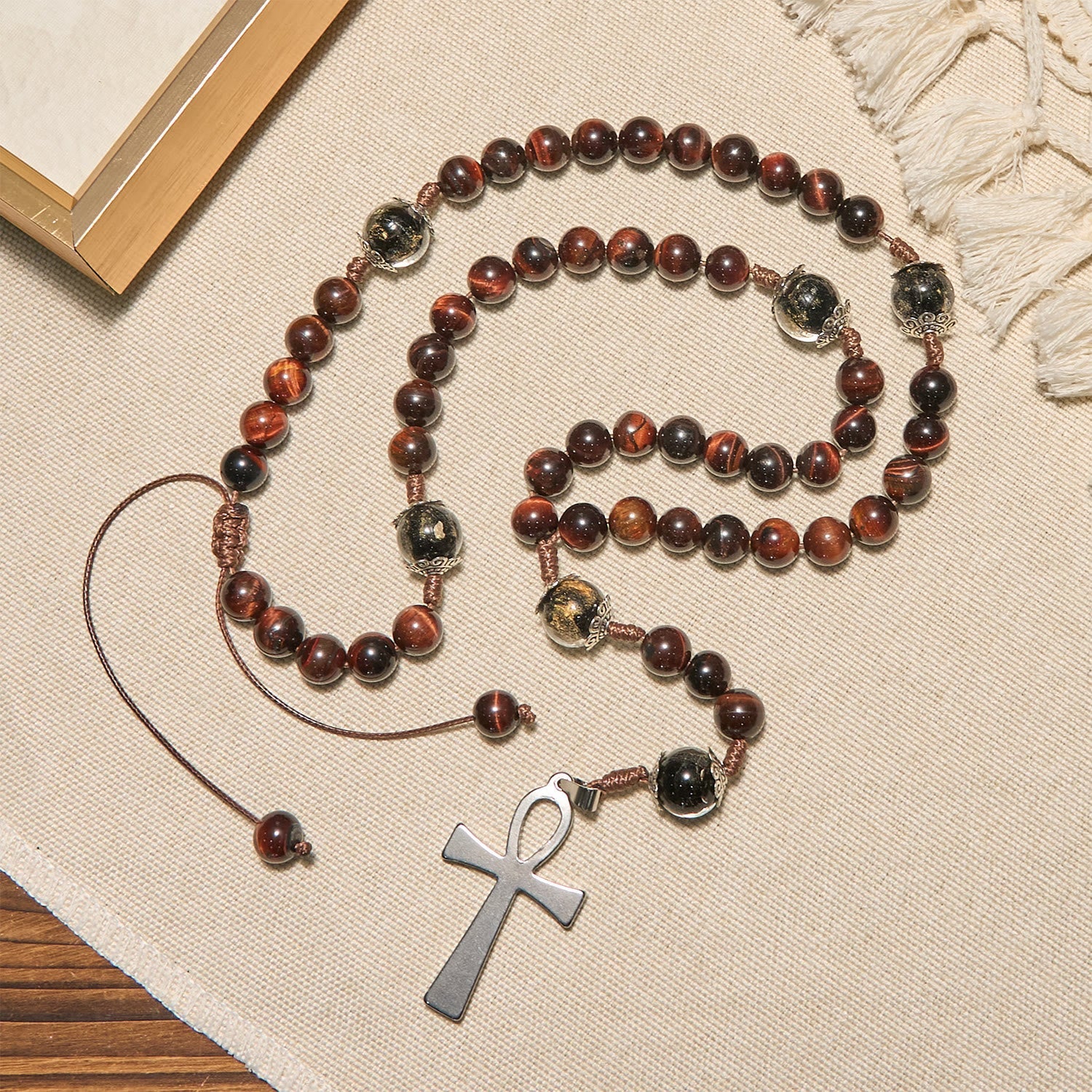 christiandiscipleshop Wooden Beads Rosary & Necklace 2-in-1 with Ankh Cross: Adjustable Design, Endless Devotion