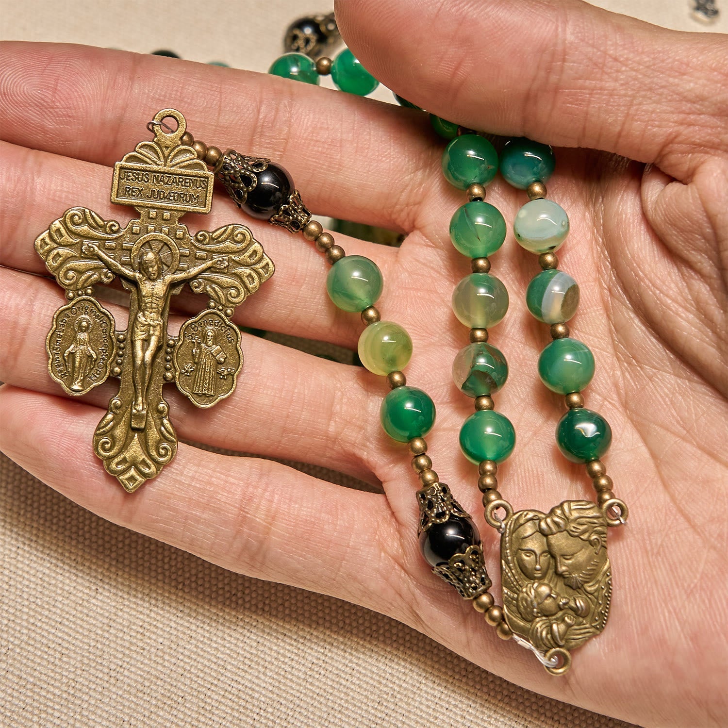 Christiandiscipleshop Exquisite Green Agate Rosary with Pardon Crucifix & Holy Family: Graceful Spiritual Narrative