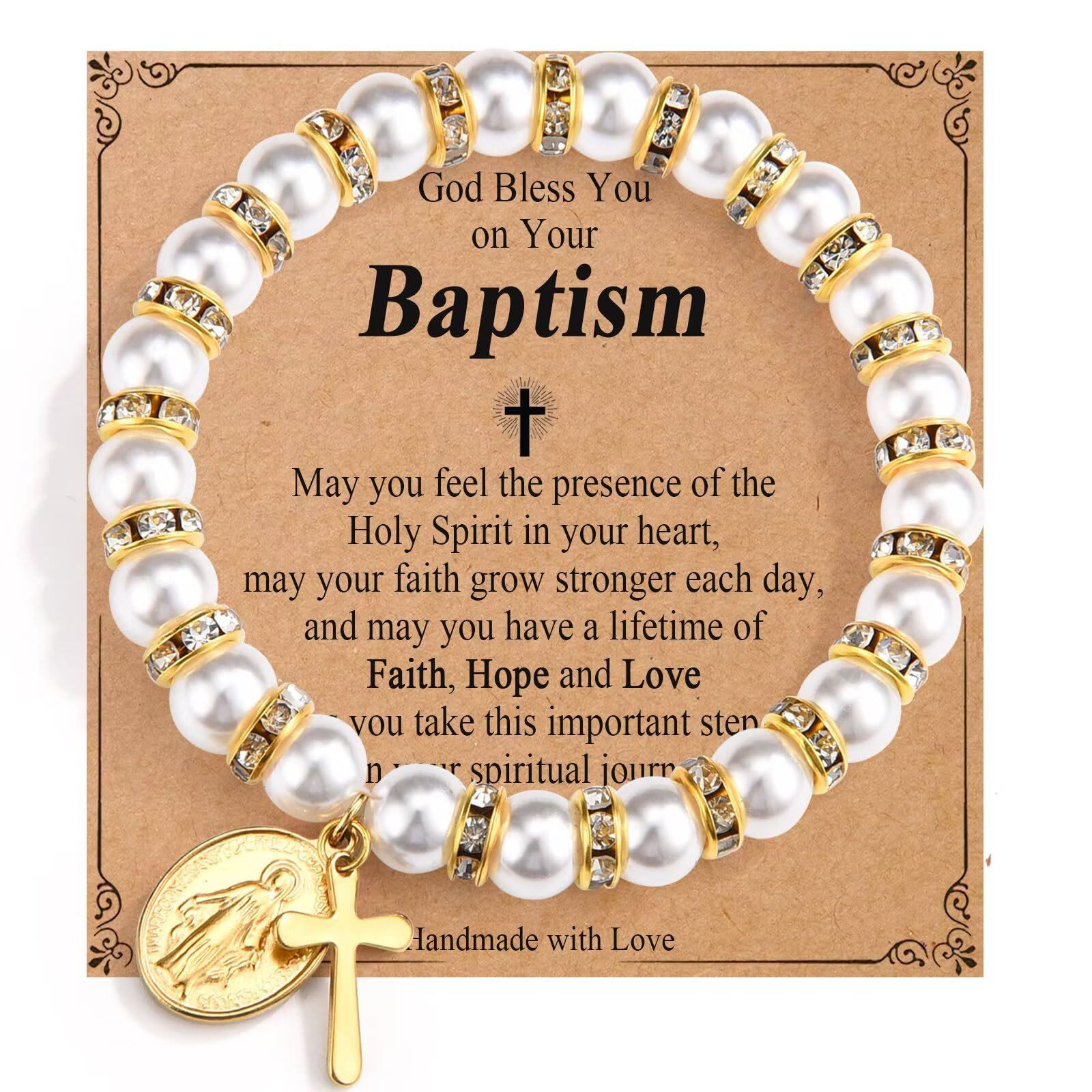 christiandiscipleshop Modern Pearl Bracelet with Golden Miraculous Medal & Blessing Card: Opulent Communion