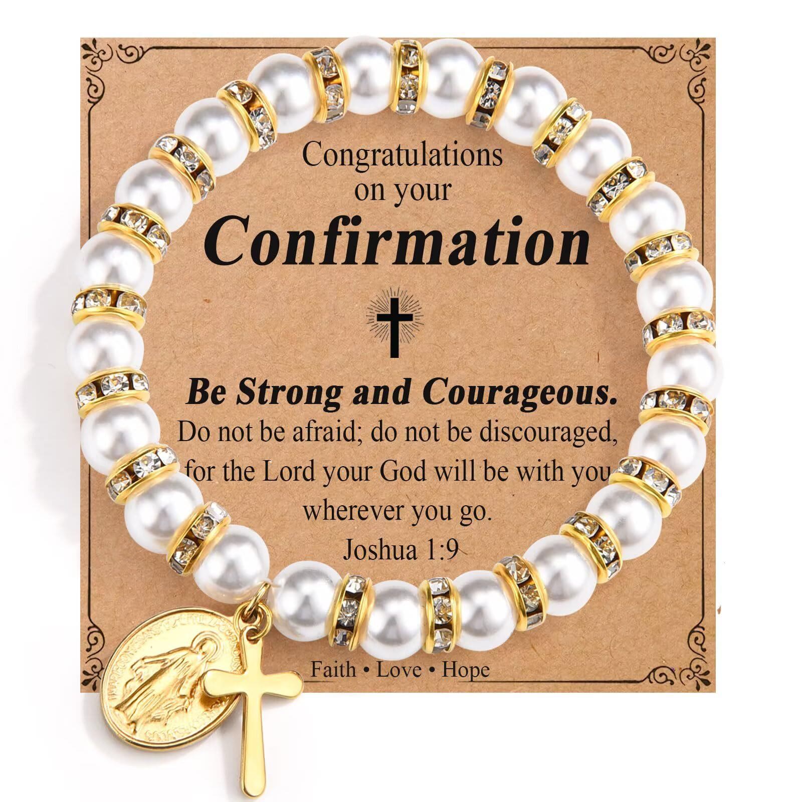 christiandiscipleshop Modern Pearl Bracelet with Golden Miraculous Medal & Blessing Card: Opulent Communion