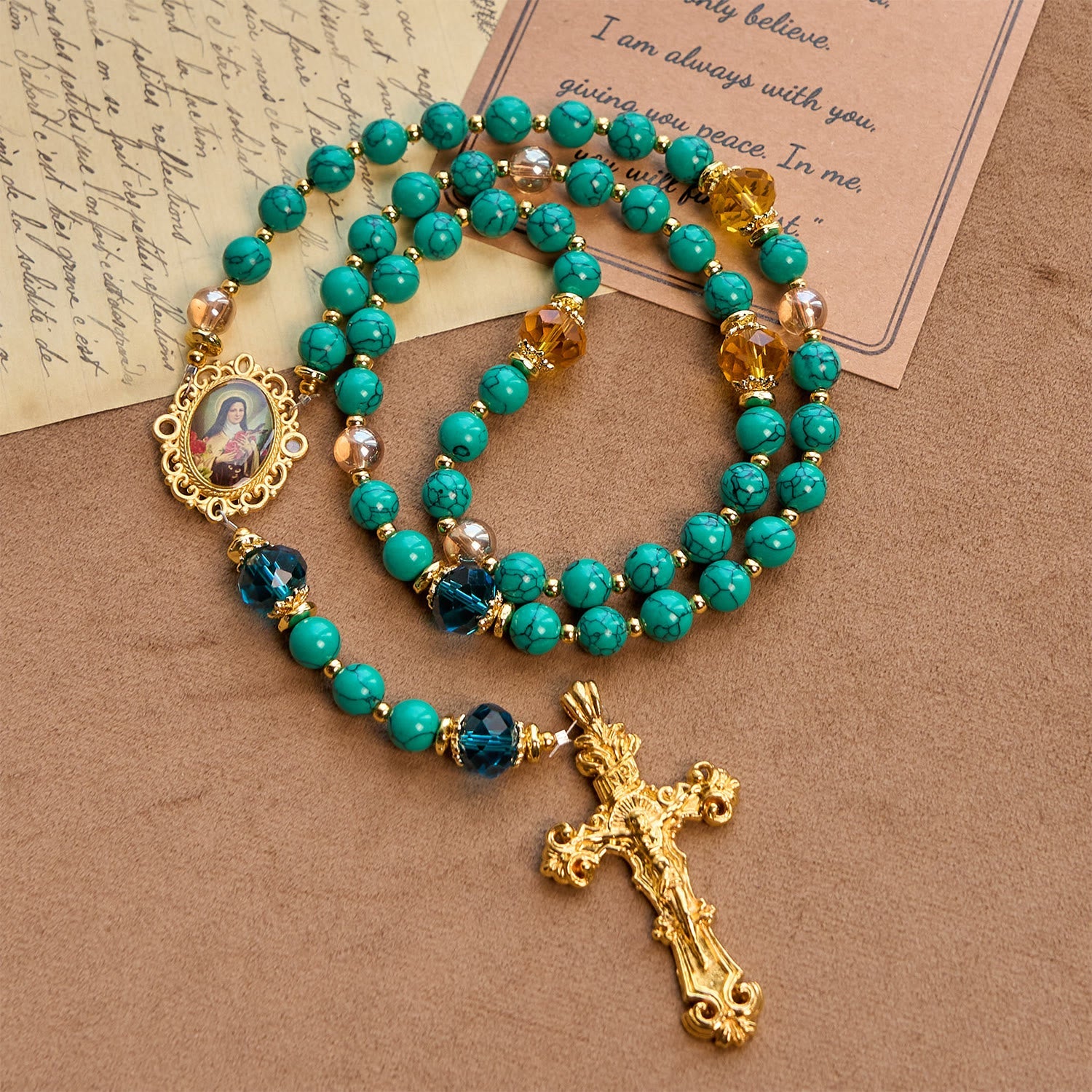 christiandiscipleshop Handcrafted Turquoise & Gold Alloy Rosary with Crucifix & St. Therese Medal: Graceful Spiritual Bond