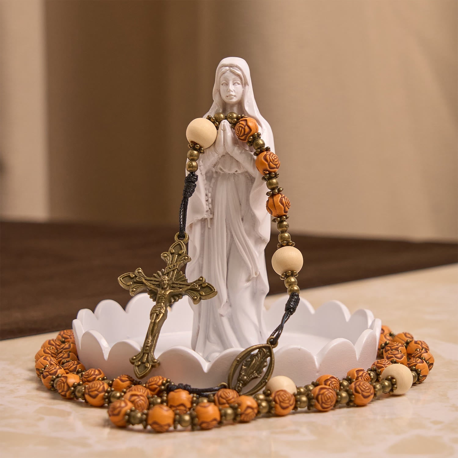 Christiandiscipleshop Exquisite Wooden Rose Beads with Bronze Crucifix & Miraculous Medal Rosary