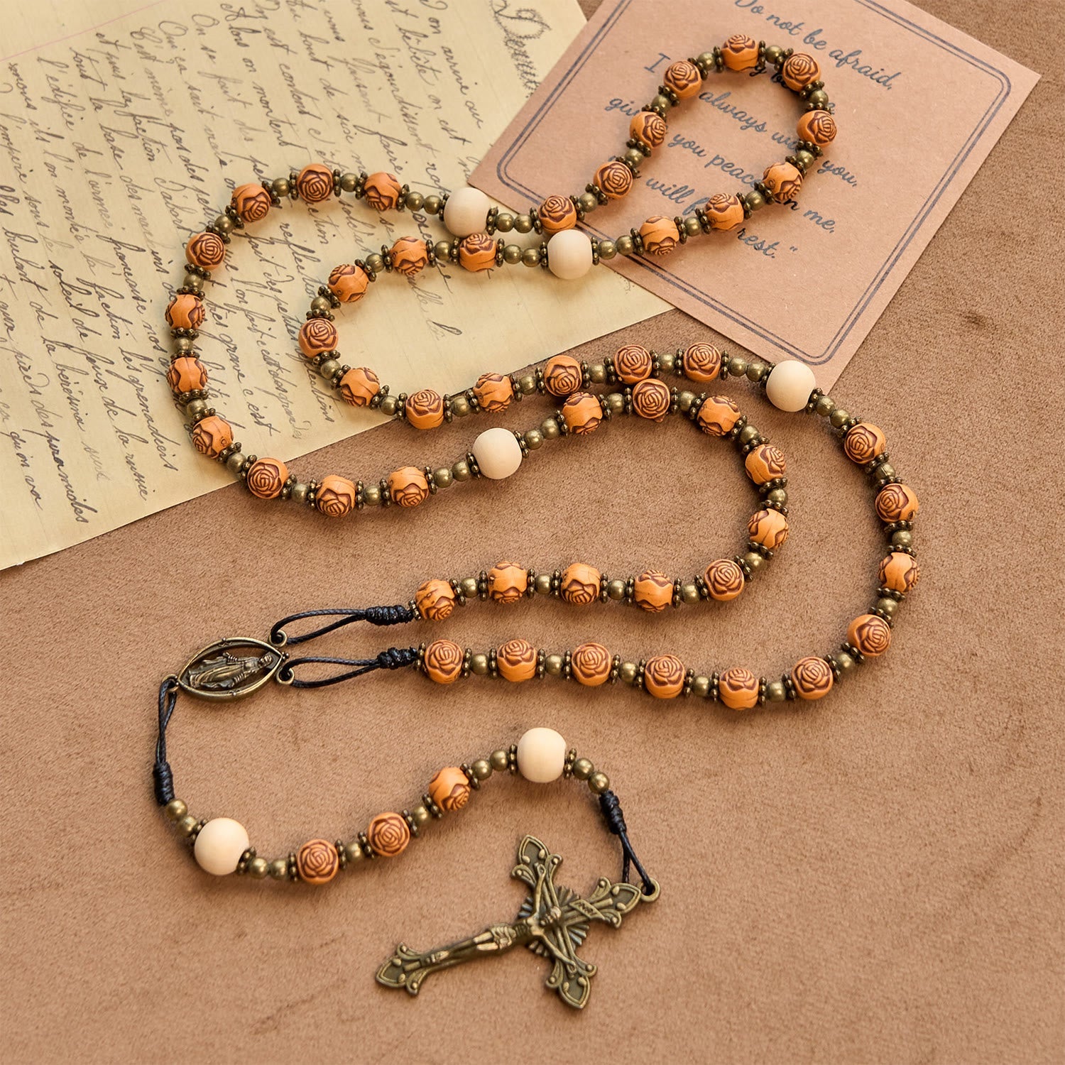 Christiandiscipleshop Exquisite Wooden Rose Beads with Bronze Crucifix & Miraculous Medal Rosary