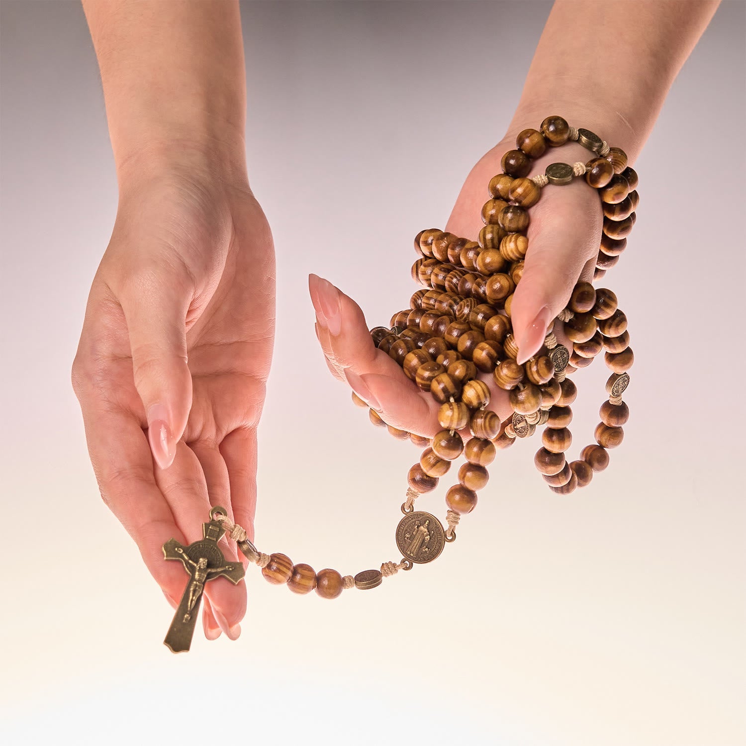 Christianartworkshop 15 Decade Olive Wood Rosary with St. Benedict, Crucifix & Waist Chain Design—Divine Devotion in Dual Use
