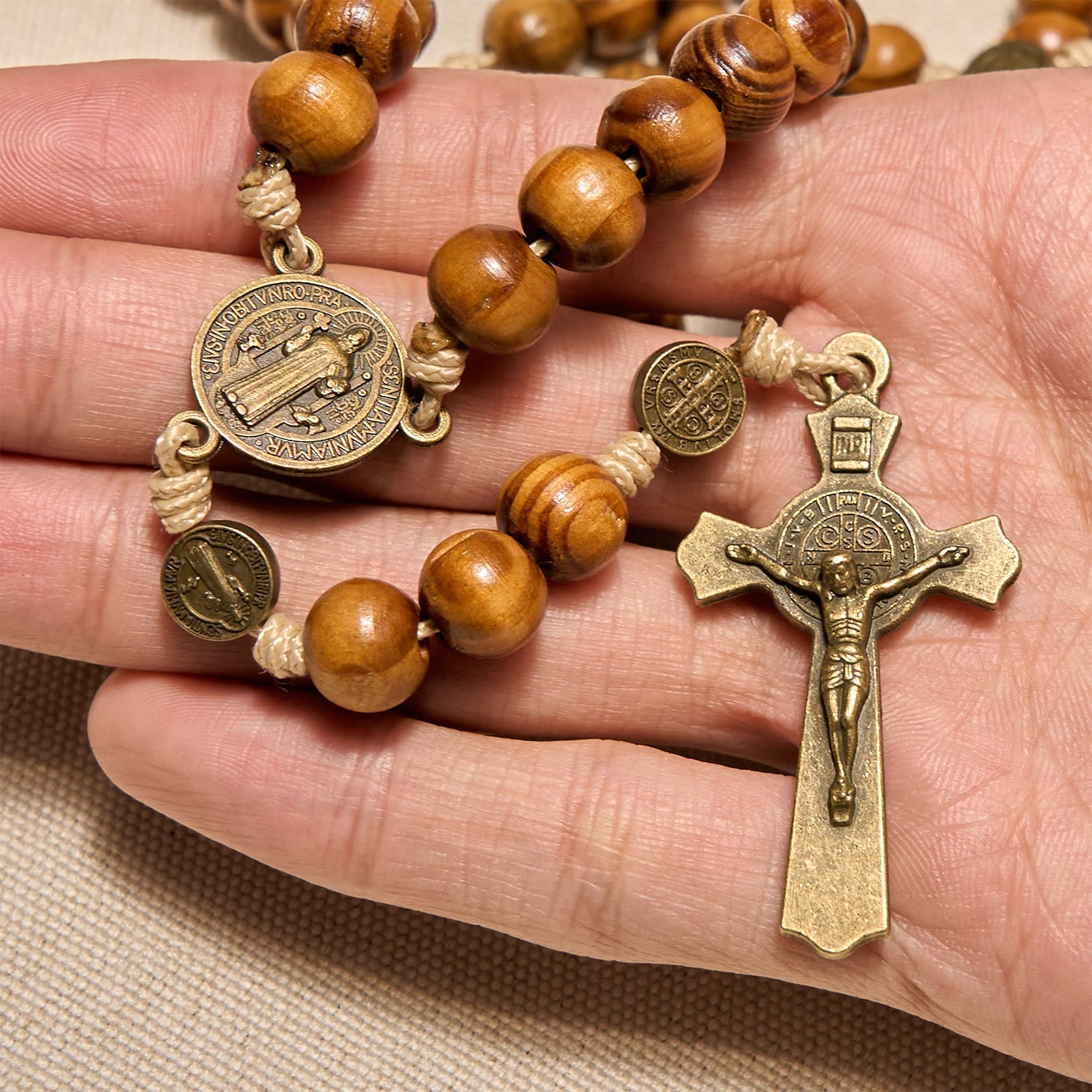 Christianartworkshop 15 Decade Olive Wood Rosary with St. Benedict, Crucifix & Waist Chain Design—Divine Devotion in Dual Use