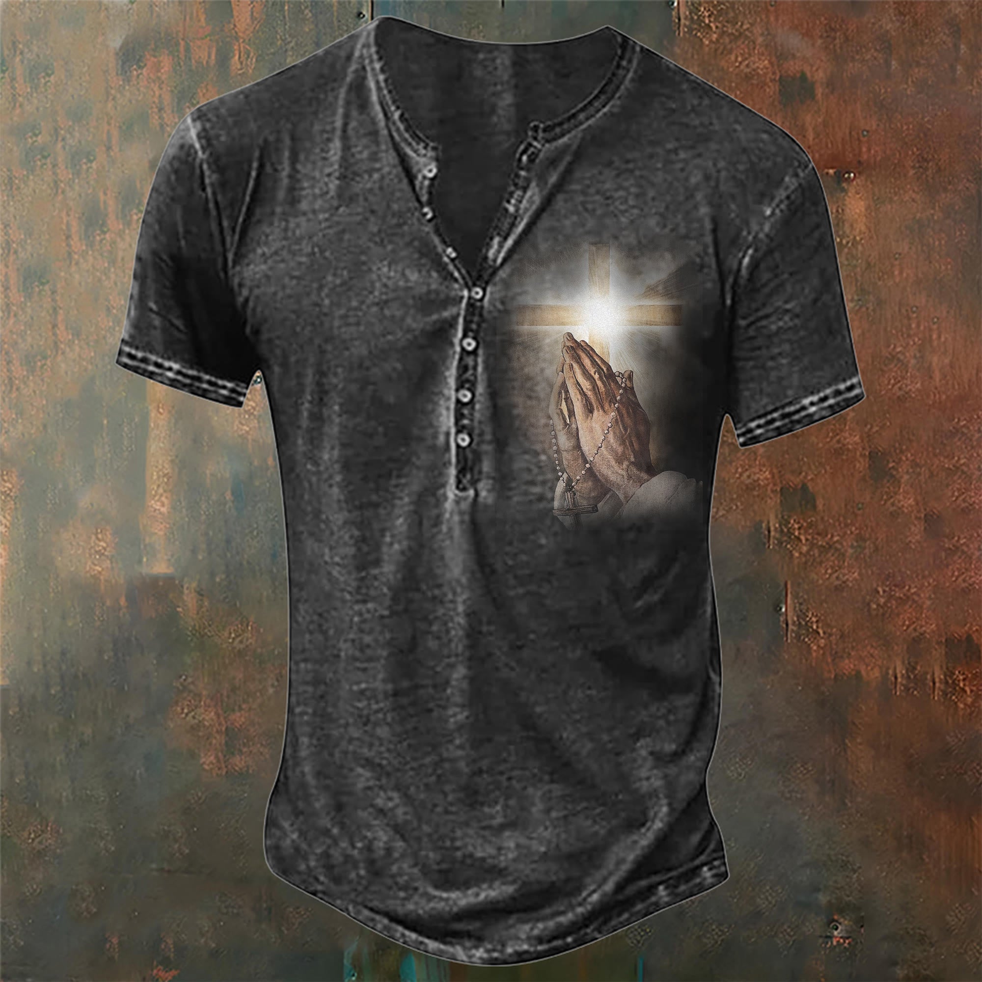 christiandiscipleshop Men's Hand of Jesus Pray Print Henley Neck T-Shirt