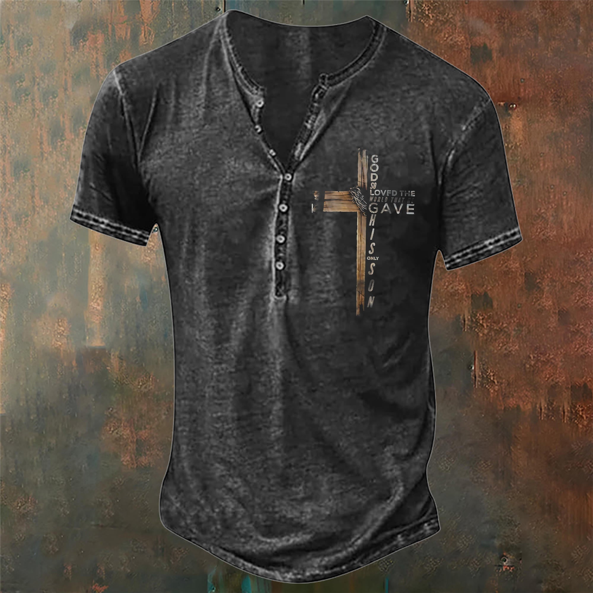 christiandiscipleshop Men's God So Loved the World Print Henley Neck T-Shirt