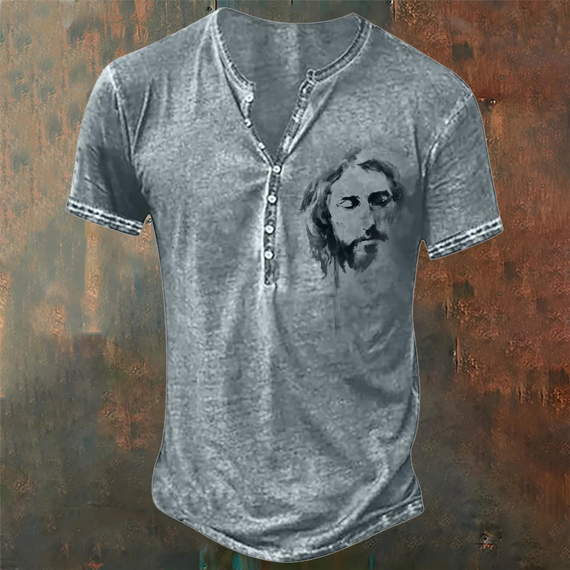 christiandiscipleshop Men's Jesus - Inspired Print Henley Neck T-Shirt