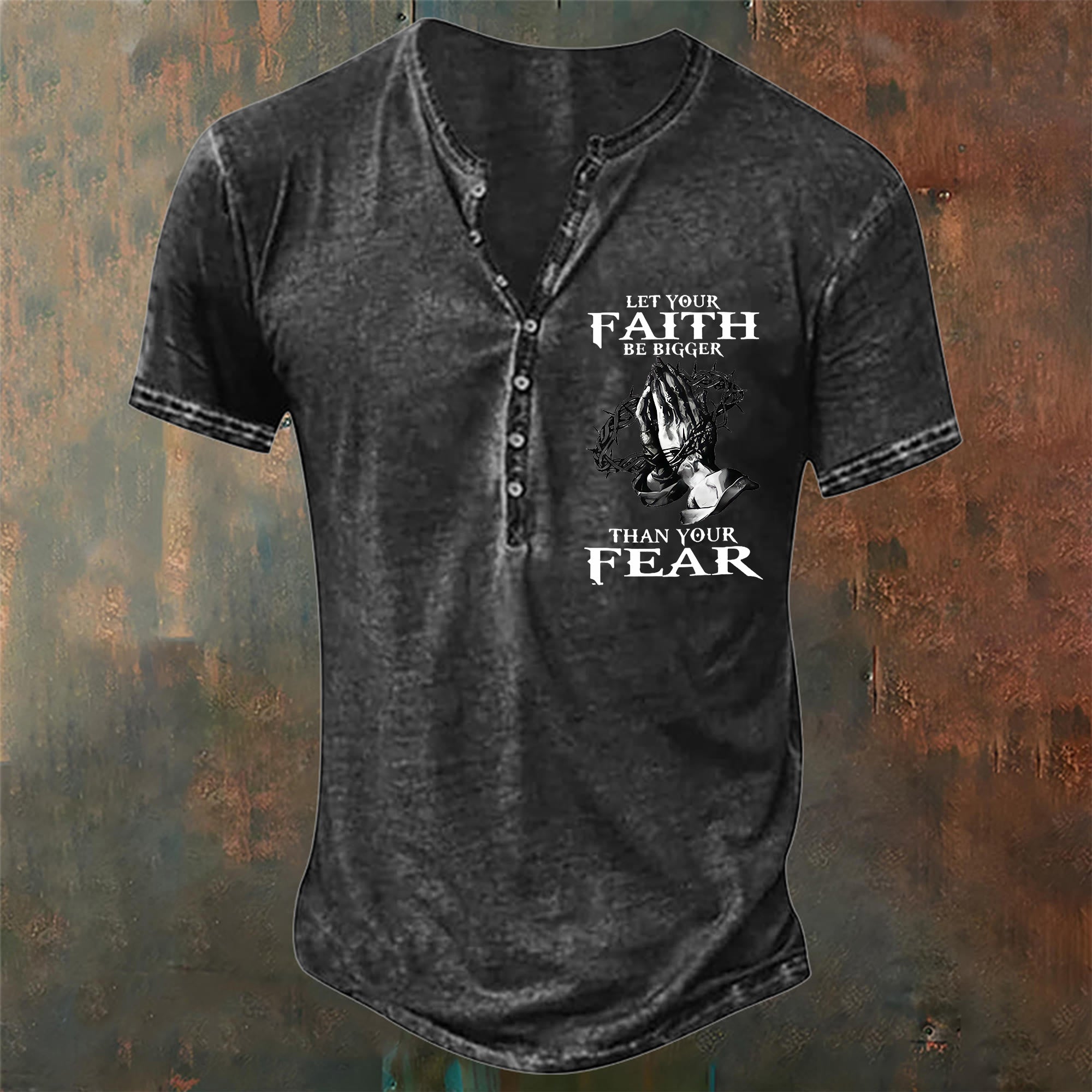 christiandiscipleshop Men's Let Your Faith Be Bigger Than Your Fear Henley Neck T-Shirt