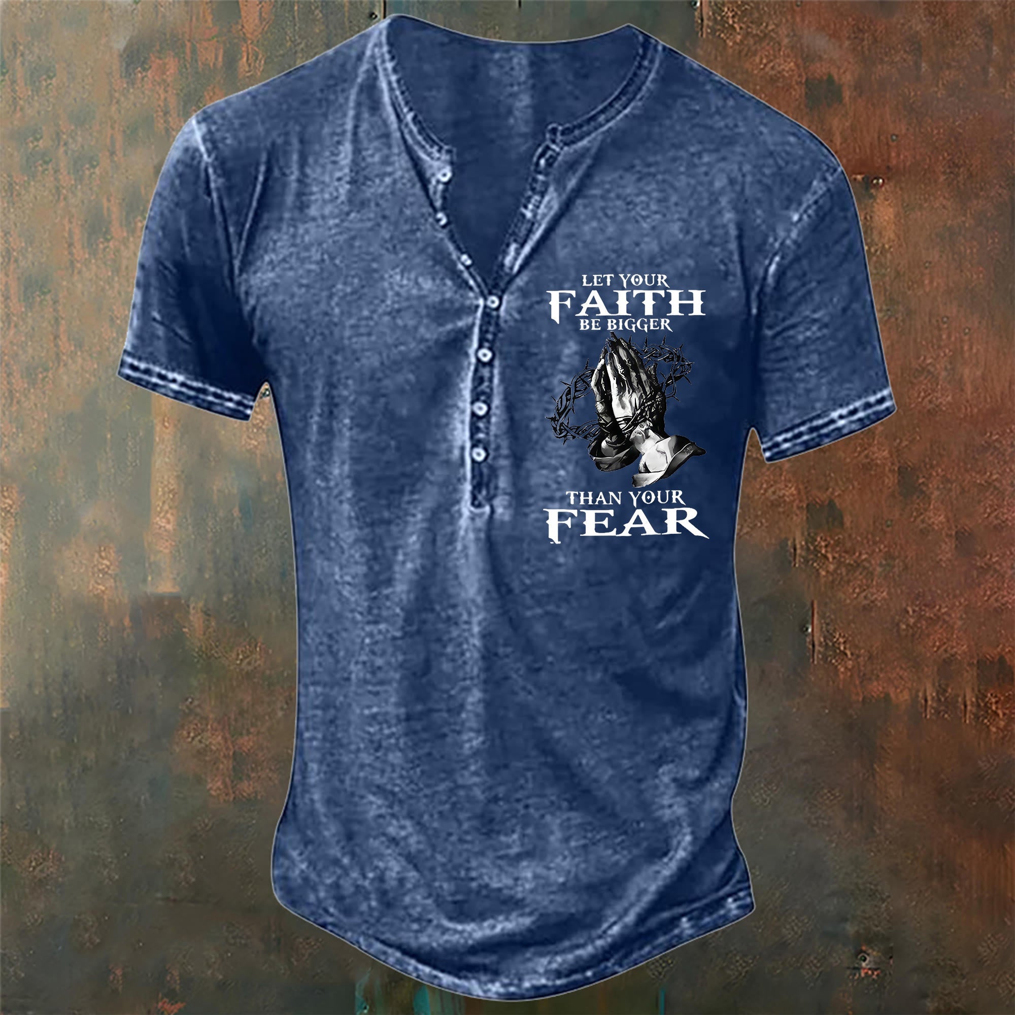 christiandiscipleshop Men's Let Your Faith Be Bigger Than Your Fear Henley Neck T-Shirt