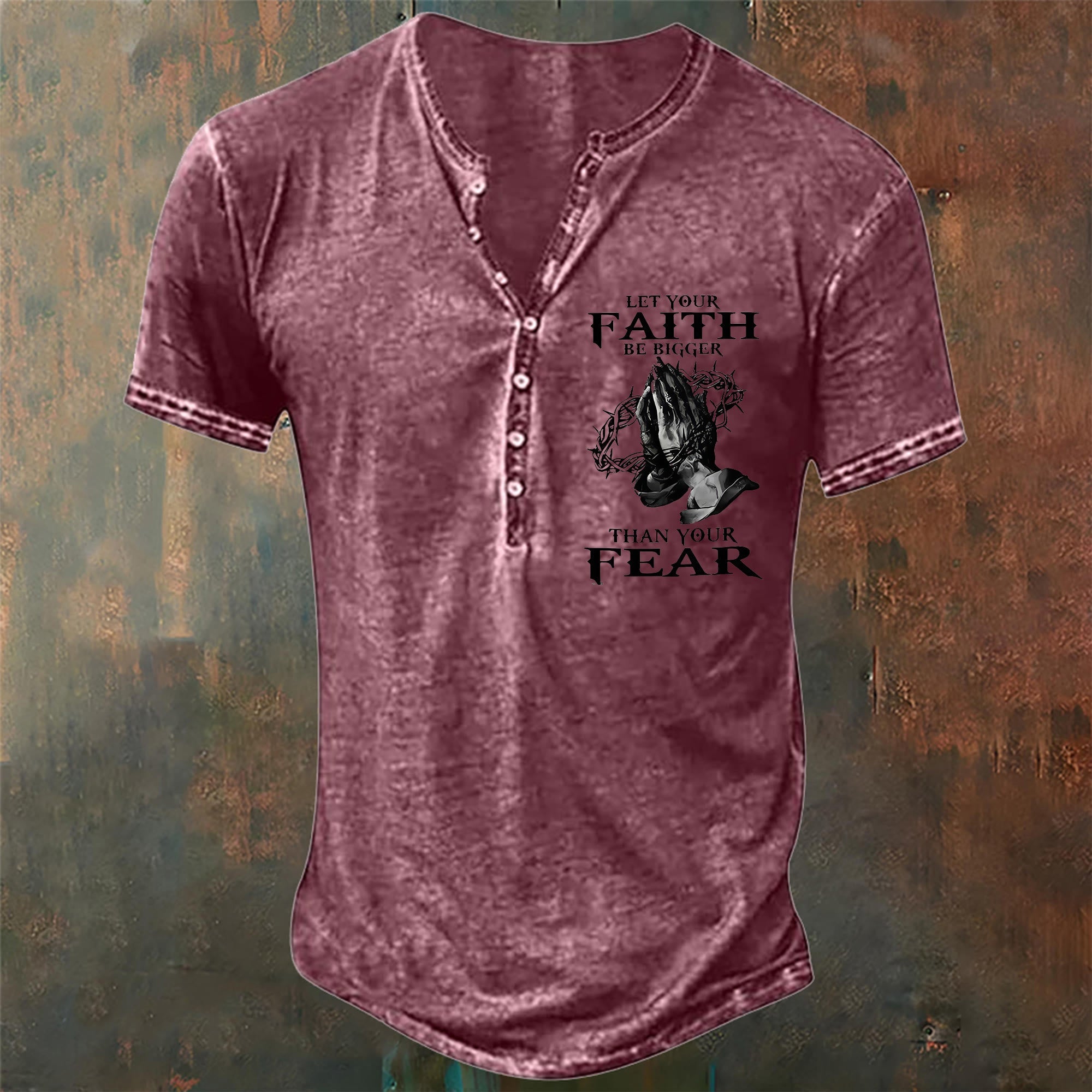 christiandiscipleshop Men's Let Your Faith Be Bigger Than Your Fear Henley Neck T-Shirt