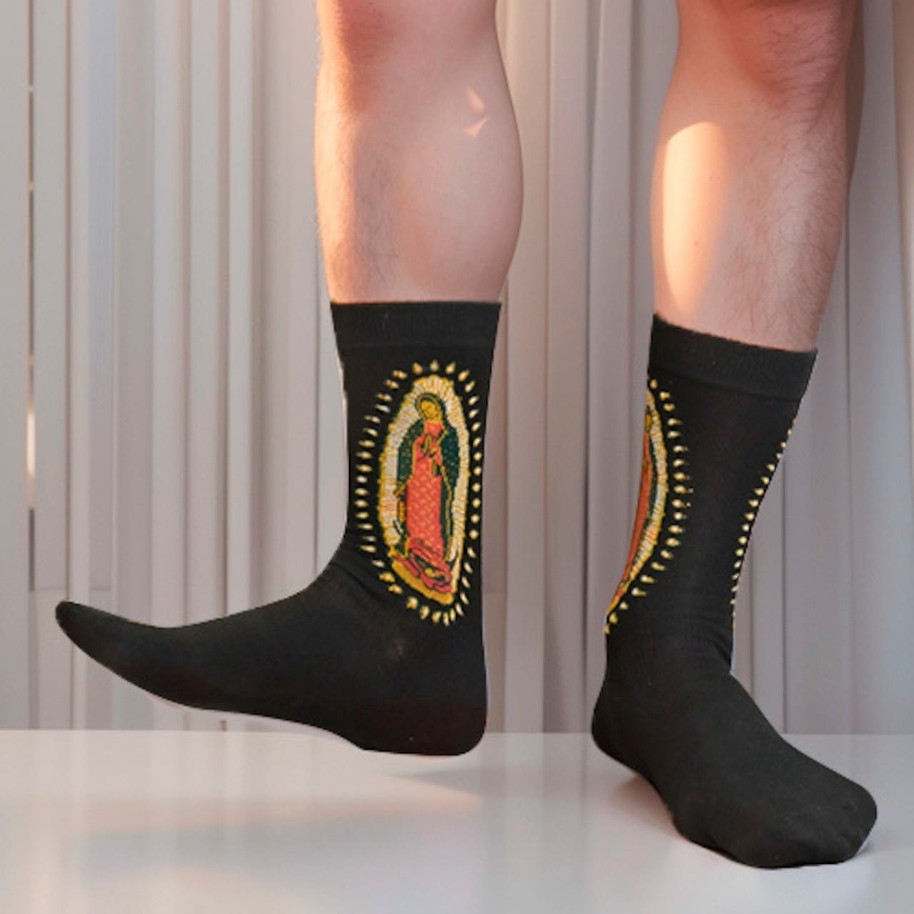 Christianartworkshop Black Virgin of Guadalupe Religious Crew Socks: Retro Design, Exclusive Faith Flair