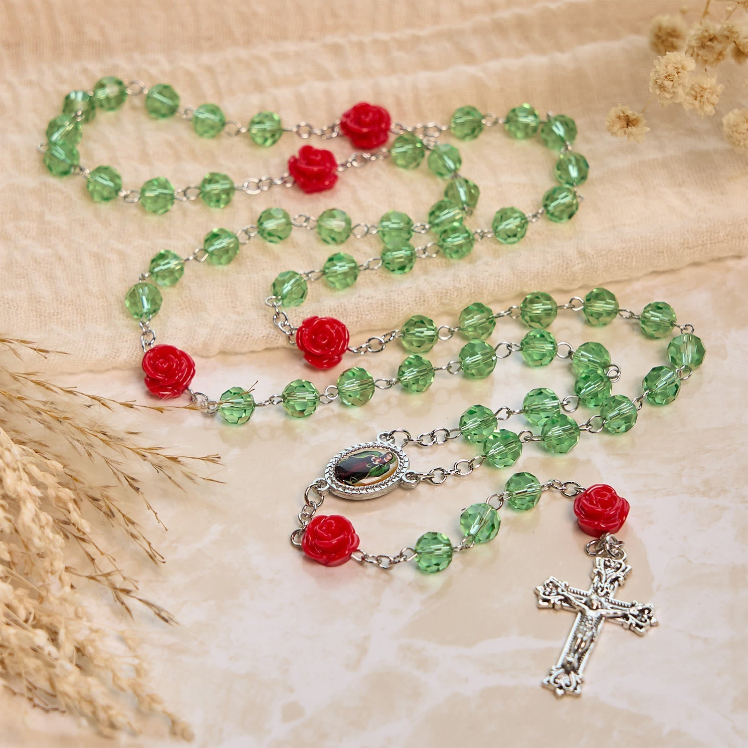 christiandiscipleshop Handmade Floral Crystal Beads & Crucifix with Virgin Mary Medal Rosary: Blossom of Grace Elegance