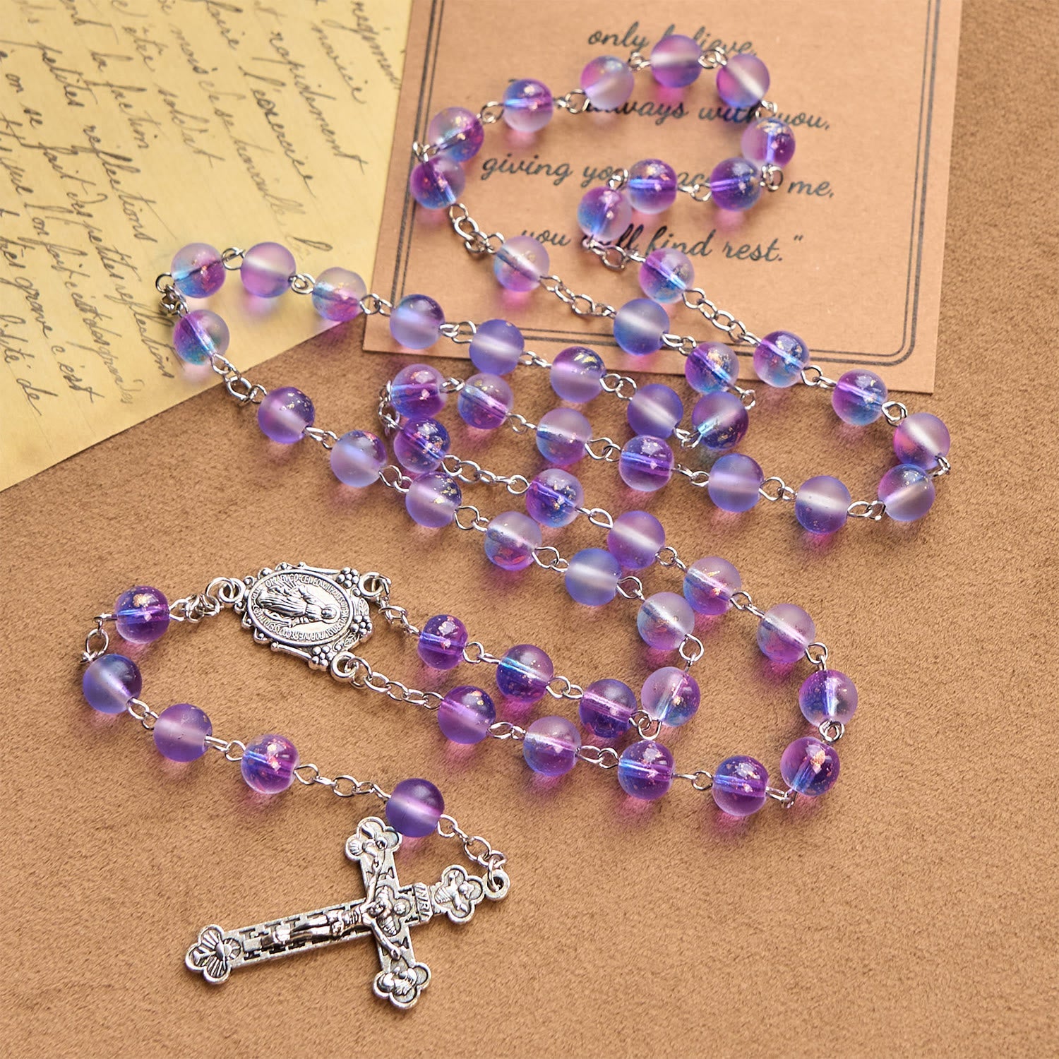 Christiandiscipleshop Frosted Blue and Purple Glass Beads Rosary Adorned with Miraculous Medal: Devotion in Textured Form