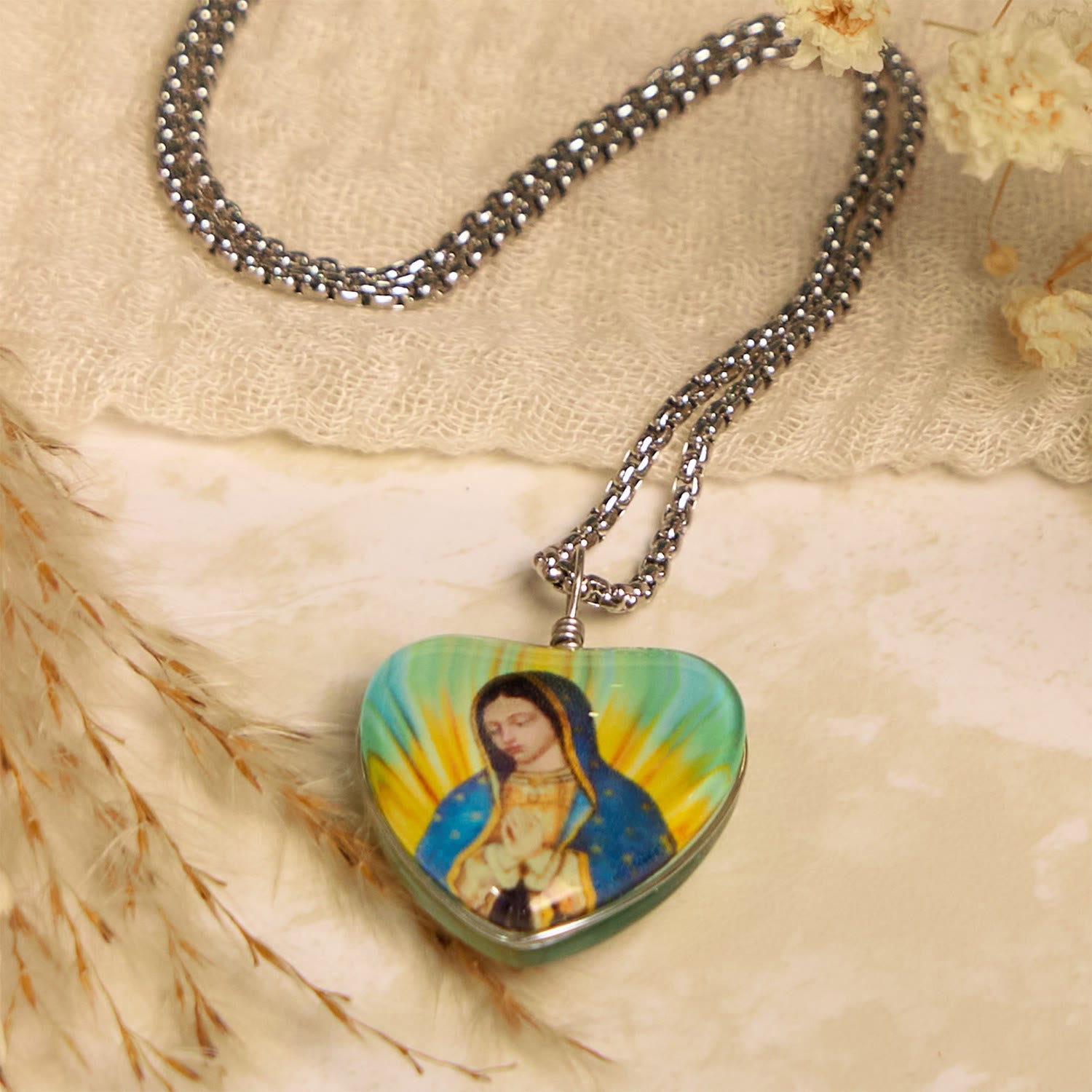 Christiandiscipleshop Glow-in-the-Dark Heart Shaped Resin Medal with Virgin Mary's Silent Blessing Necklace