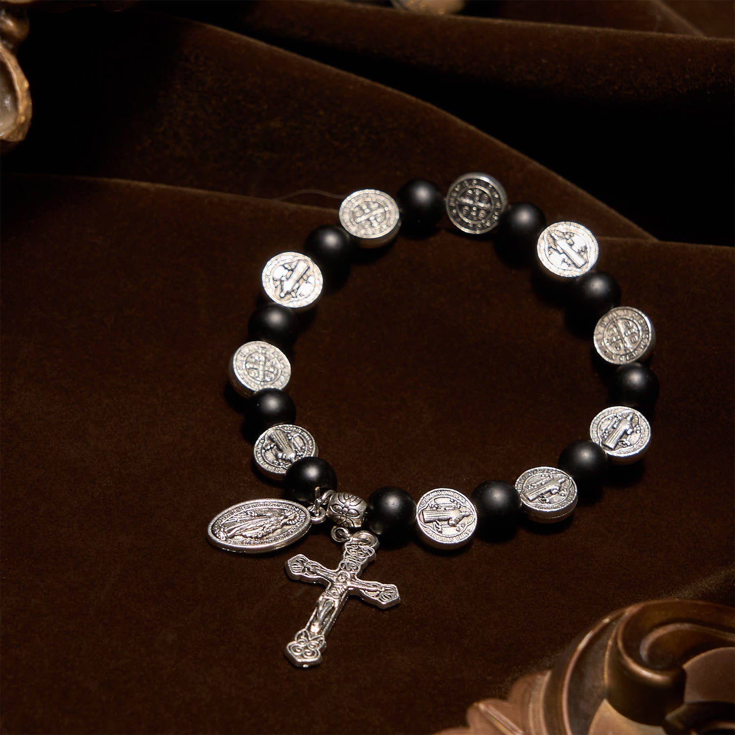 FREE Today: Natural Matte Black Agate Bracelet with St. Benedict Medal and Virgin Mary Pendant