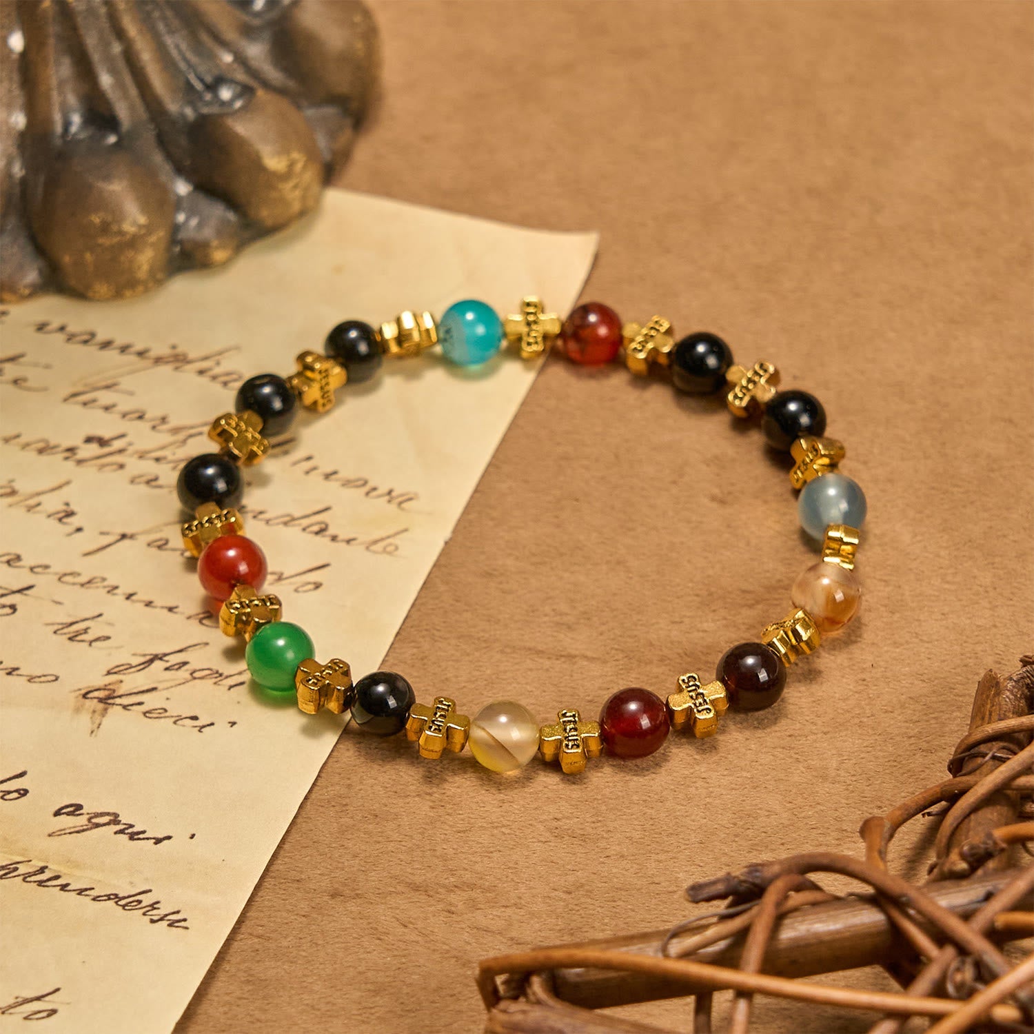 FREE Today: Natural Multicolored Agate Bracelet with Two Tone Jesus Cross: Bold Faith Statement