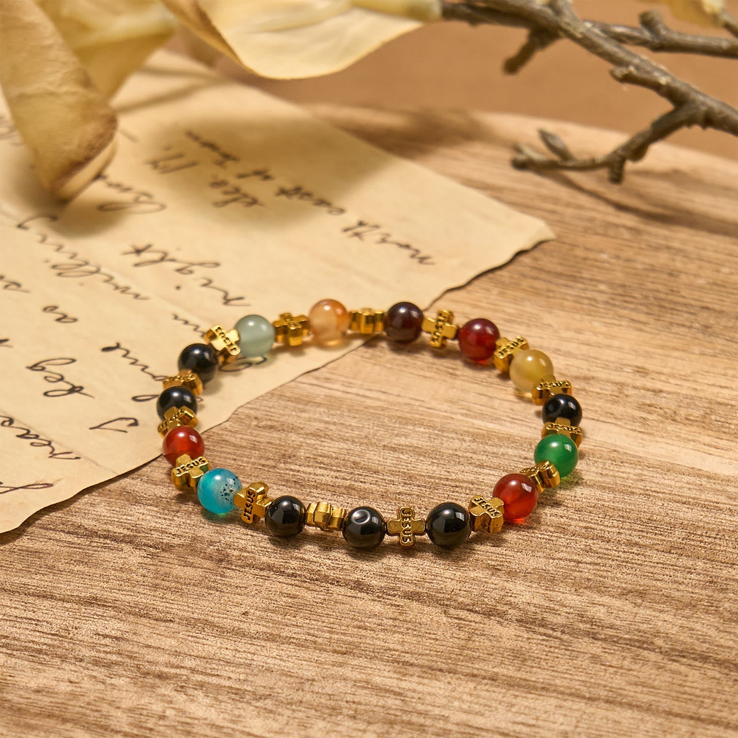 FREE Today: Natural Multicolored Agate Bracelet with Two Tone Jesus Cross: Bold Faith Statement