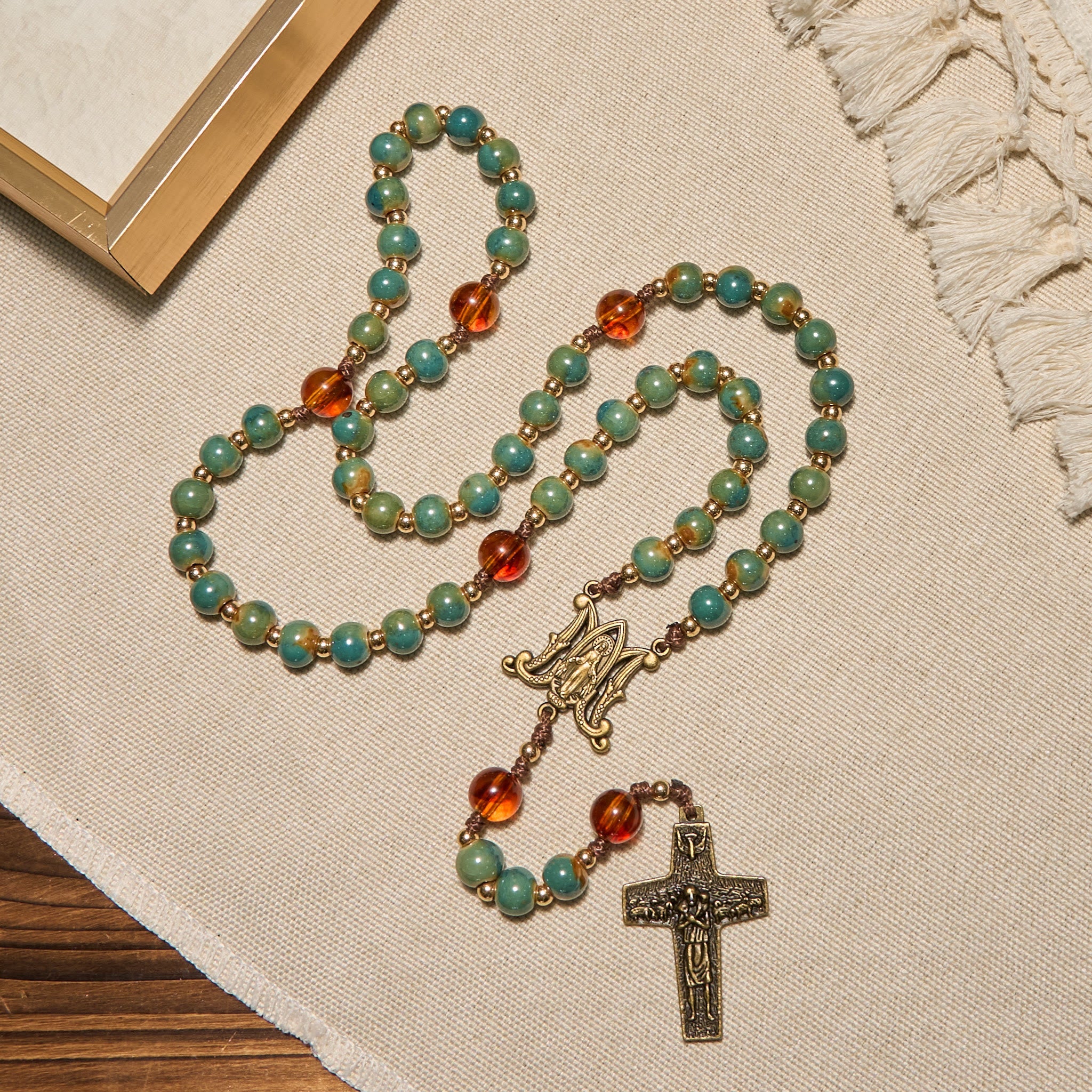 christiandiscipleshop Handcrafted Green Ceramic Rosary with Miraculous Medal and Amber Beads: Feel Graceful Faith