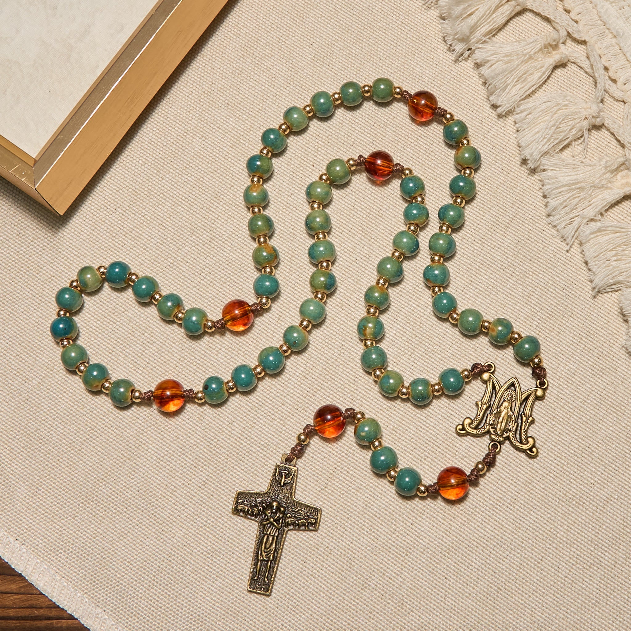 christiandiscipleshop Handcrafted Green Ceramic Rosary with Miraculous Medal and Amber Beads: Feel Graceful Faith
