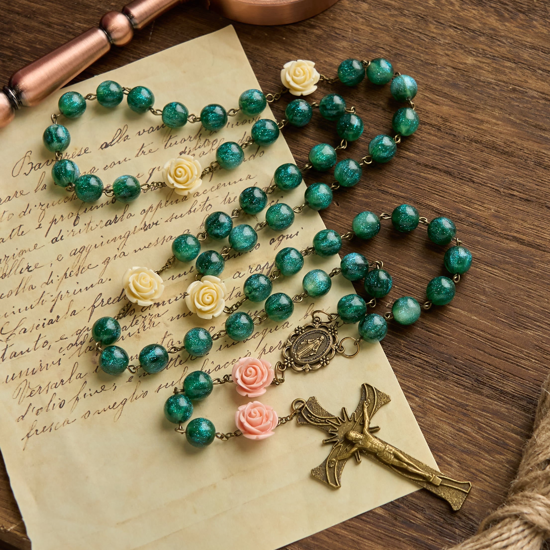 Christiandiscipleshop Green Shiny Beads & Flower Rose Rosary with Bronze Virgin Mary Medal & Crucifix