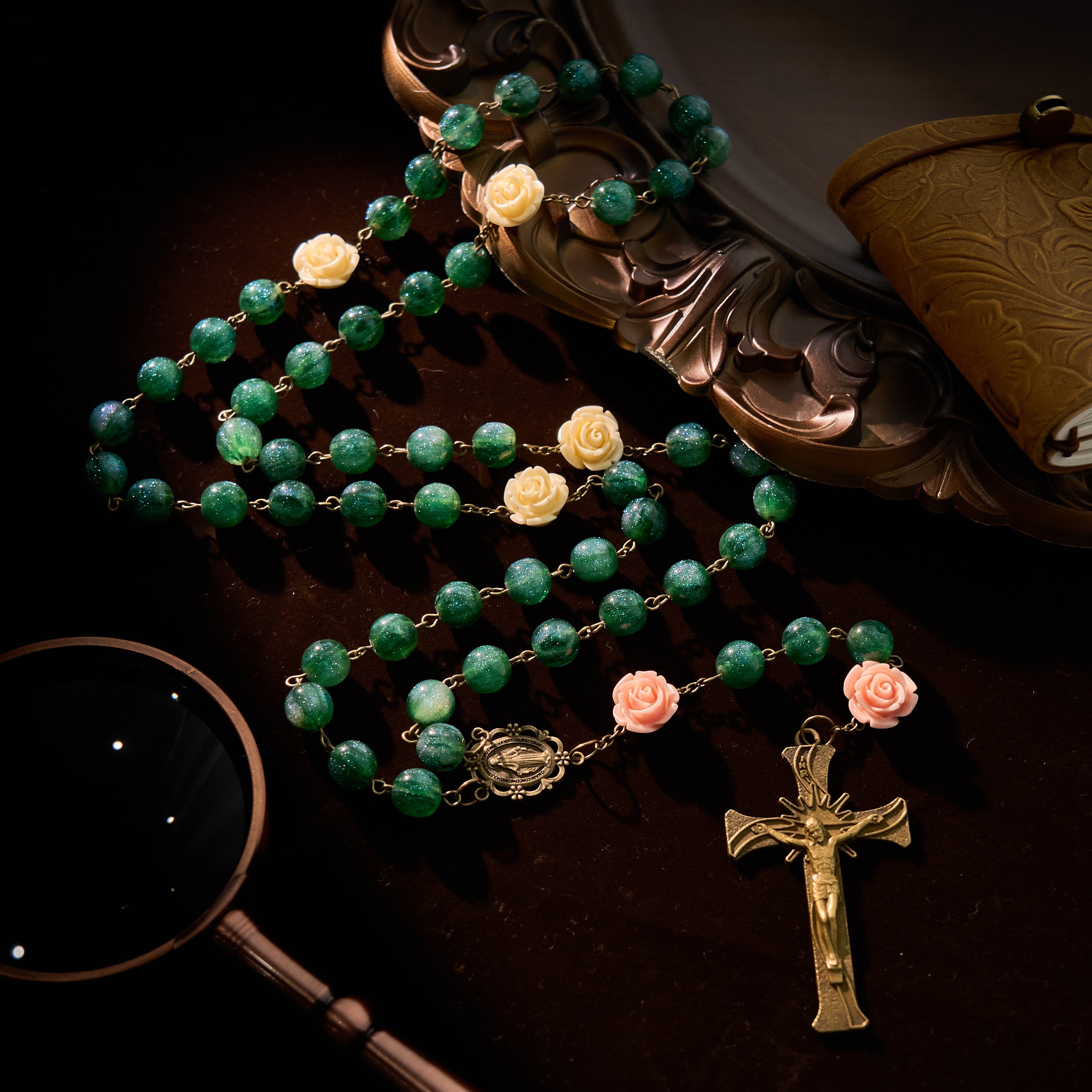 Christiandiscipleshop Green Shiny Beads & Flower Rose Rosary with Bronze Virgin Mary Medal & Crucifix