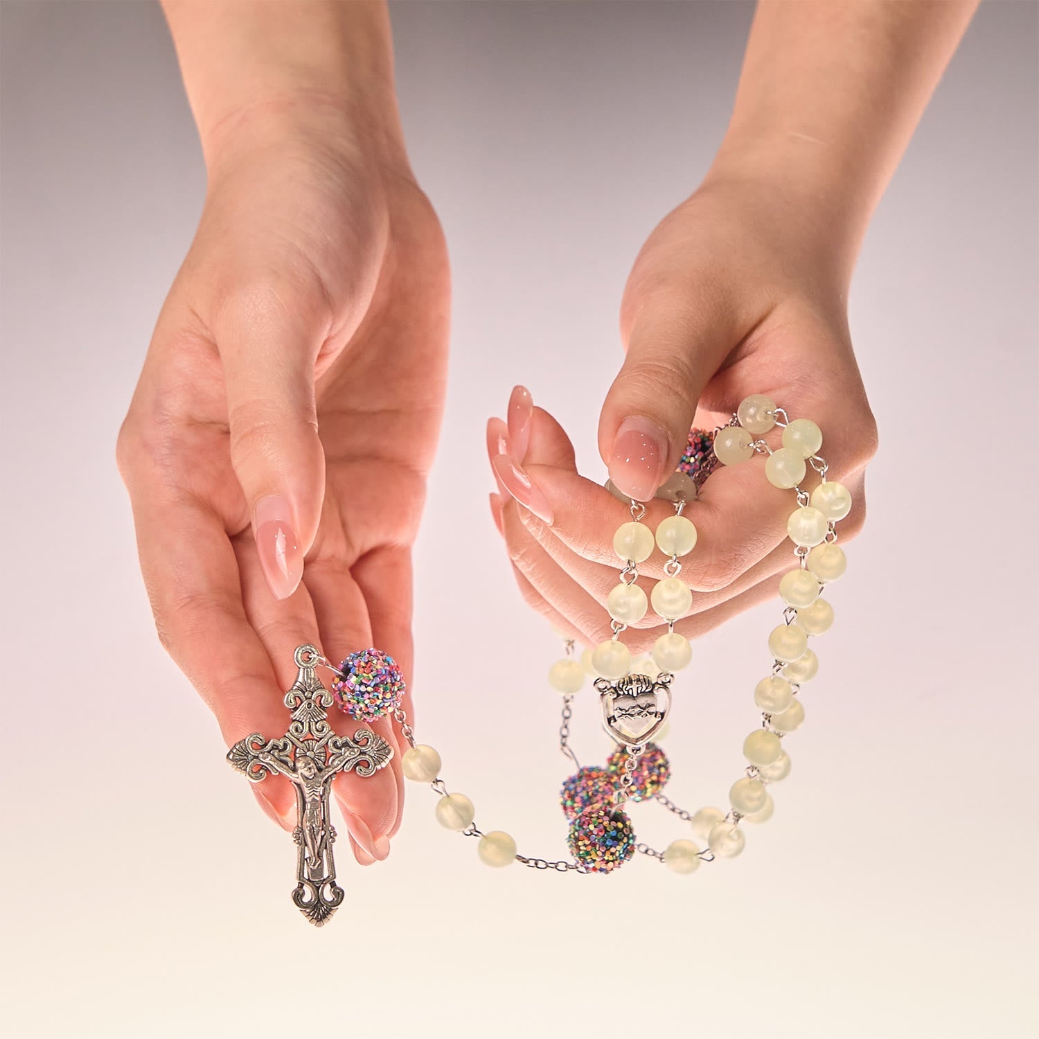 christiandiscipleshop Luminous Light Green Beads and Multicolor Rhinestone Rosary with Metal Sacred Heart & Crucifix