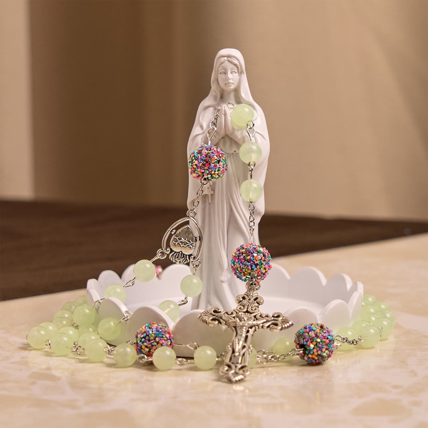 christiandiscipleshop Luminous Light Green Beads and Multicolor Rhinestone Rosary with Metal Sacred Heart & Crucifix