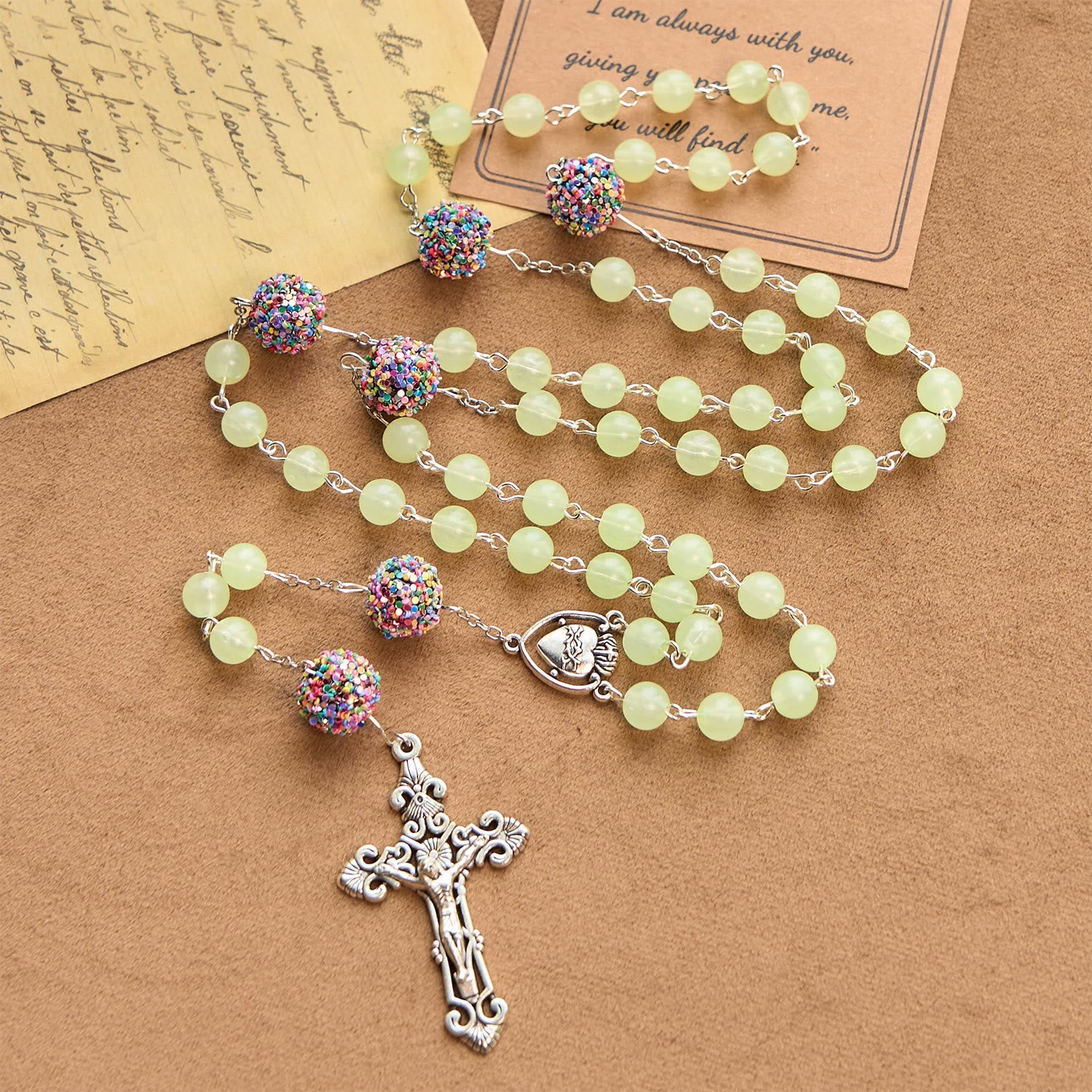 christiandiscipleshop Luminous Light Green Beads and Multicolor Rhinestone Rosary with Metal Sacred Heart & Crucifix