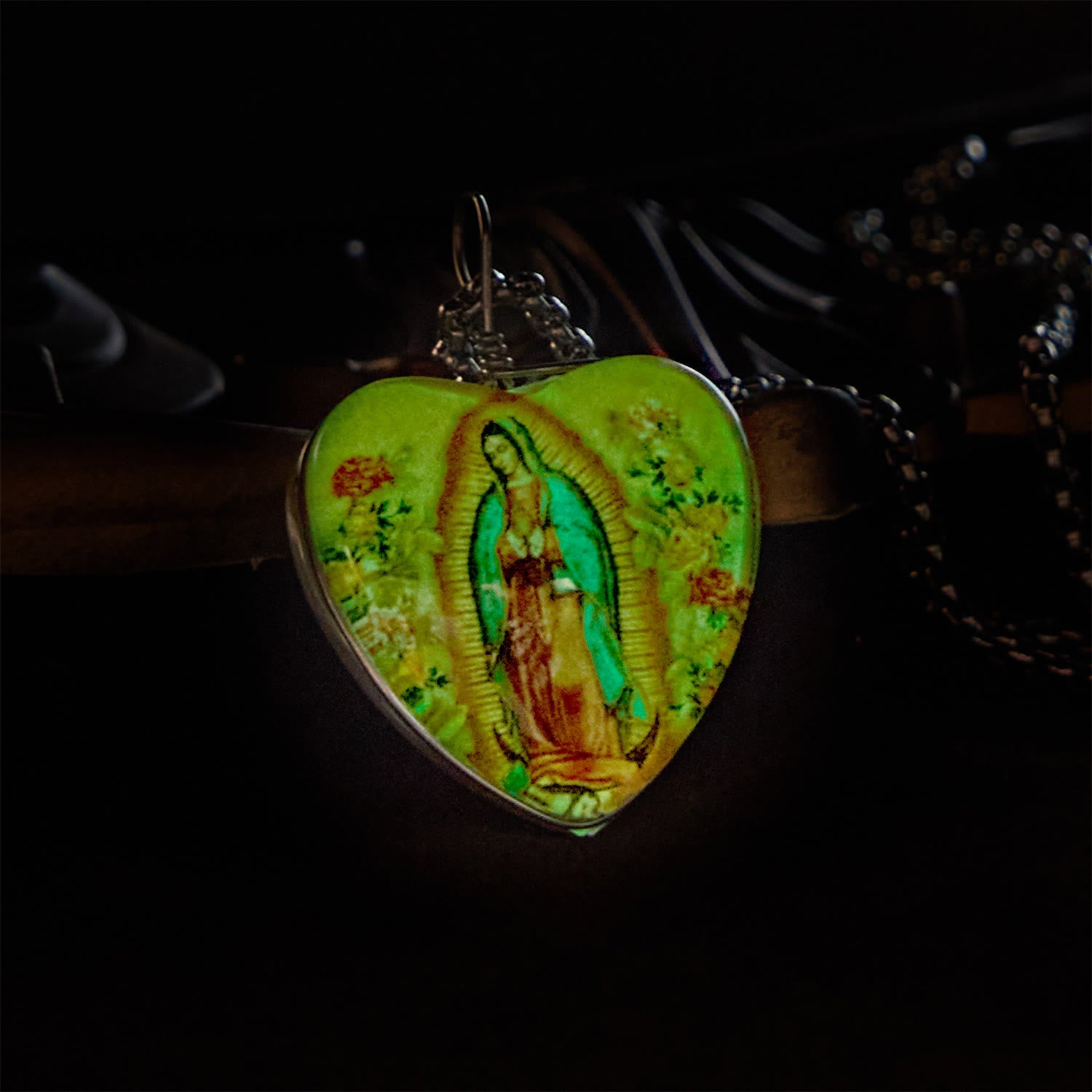 christiandiscipleshop Yellow Our Lady of Guadalupe Glow-in-the-Dark Heart Shaped Resin Medal Necklace