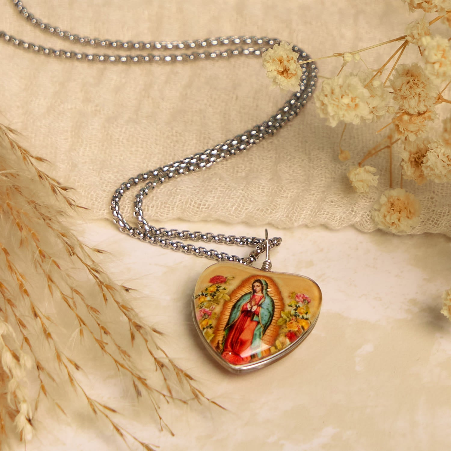 christiandiscipleshop Yellow Our Lady of Guadalupe Glow-in-the-Dark Heart Shaped Resin Medal Necklace