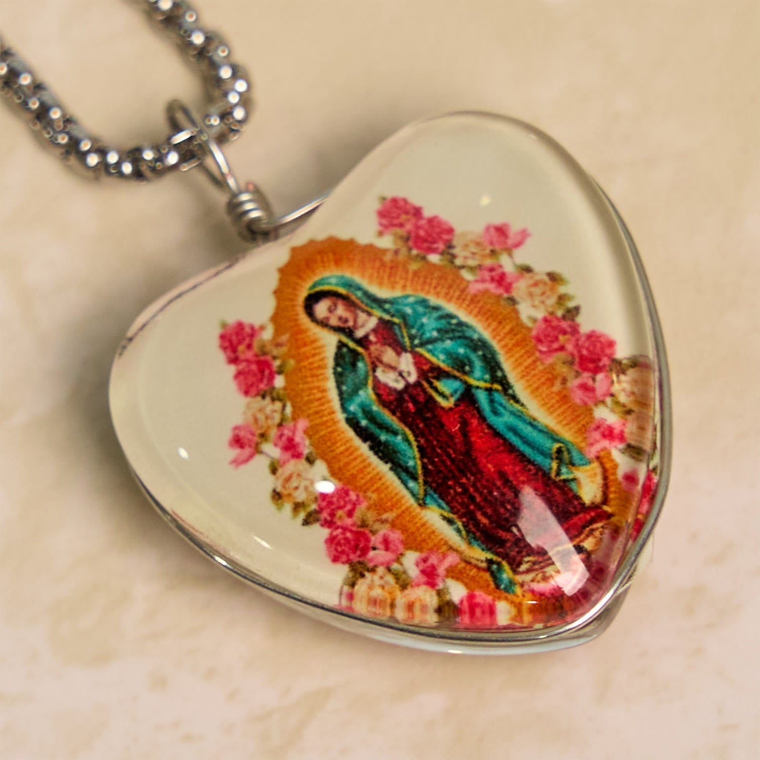 christiandiscipleshop White Our Lady of Guadalupe Glow-in-the-Dark Heart Shaped Resin Medal Necklace