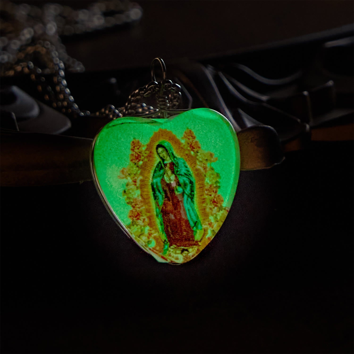 christiandiscipleshop White Our Lady of Guadalupe Glow-in-the-Dark Heart Shaped Resin Medal Necklace
